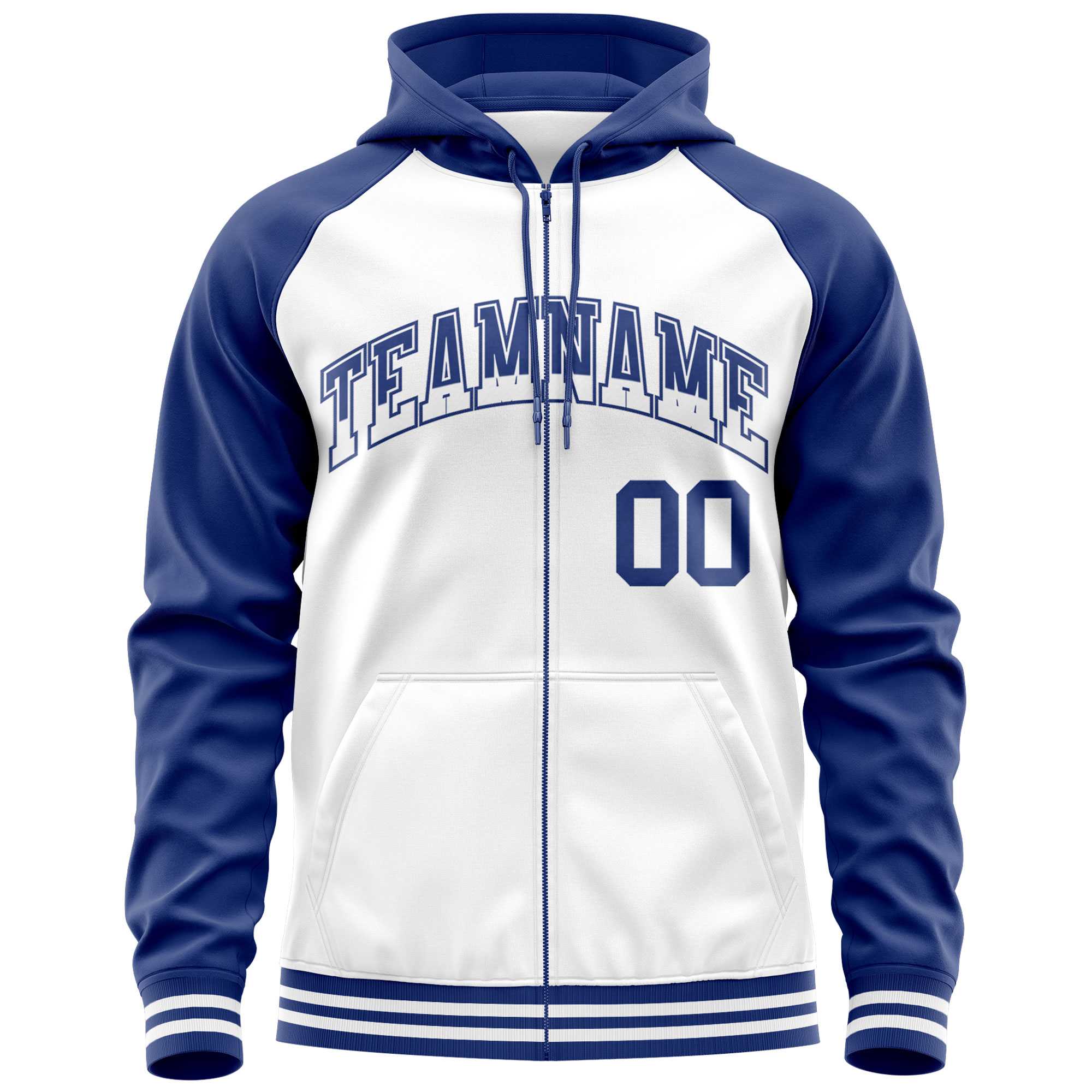 Custom Stitched White Royal Raglan Sleeves Sports Full-Zip Sweatshirt Hoodie| KXKSHOP