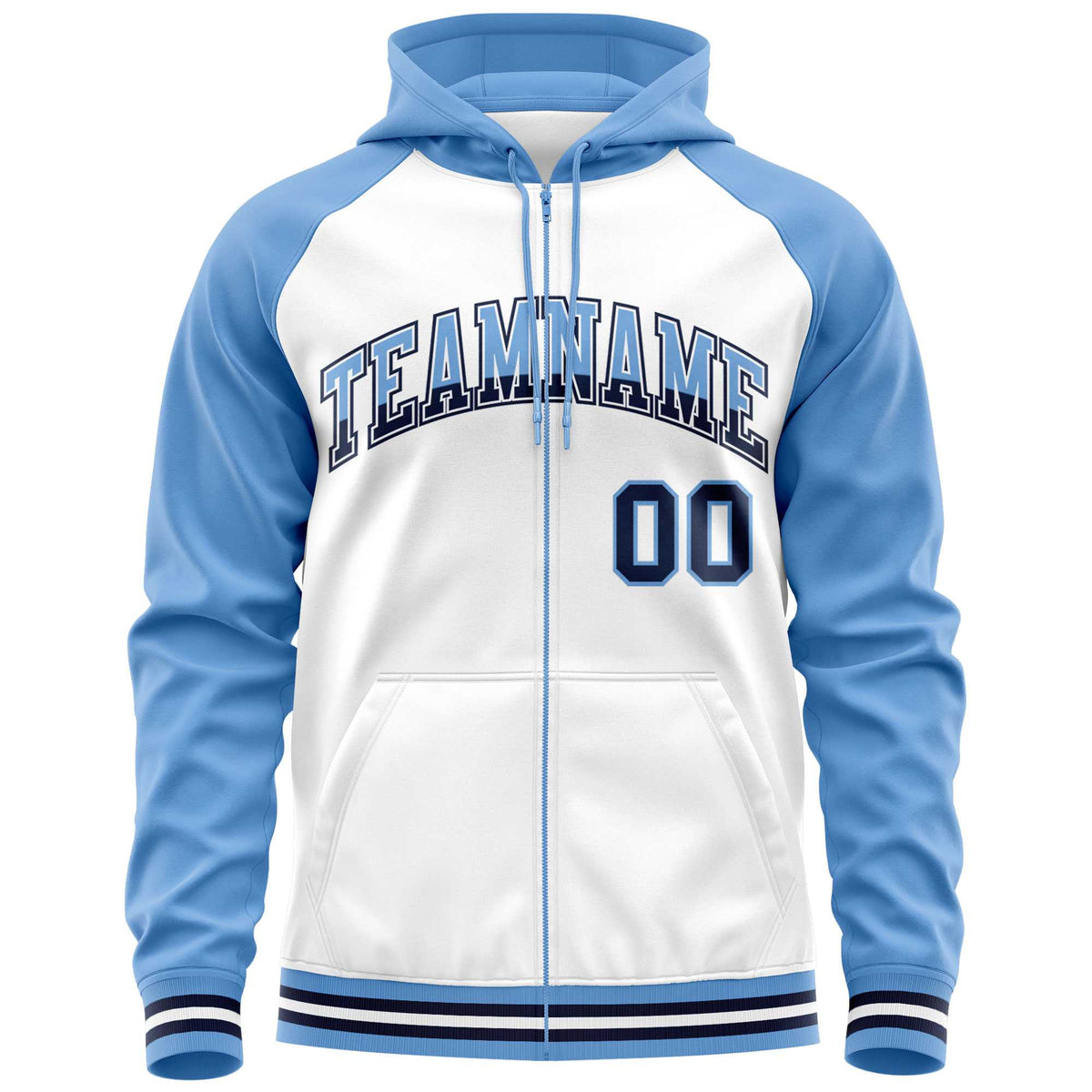 Custom Stitched White Powder Blue Raglan Sleeves Sports Full-Zip Sweatshirt Hoodie| KXKSHOP