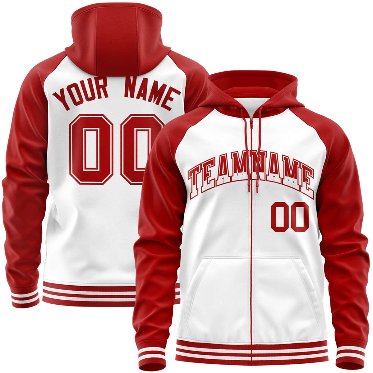 Custom Stitched White Red Raglan Sleeves Sports Full-Zip Sweatshirt Hoodie| KXKSHOP