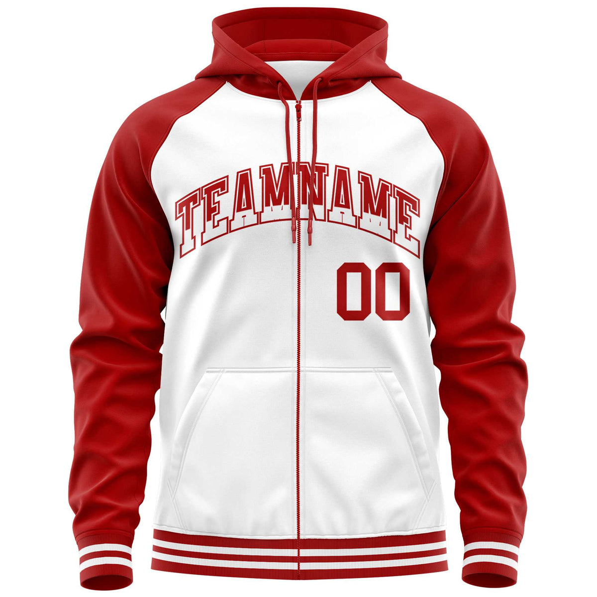 Custom Stitched White Red Raglan Sleeves Sports Full-Zip Sweatshirt Hoodie| KXKSHOP