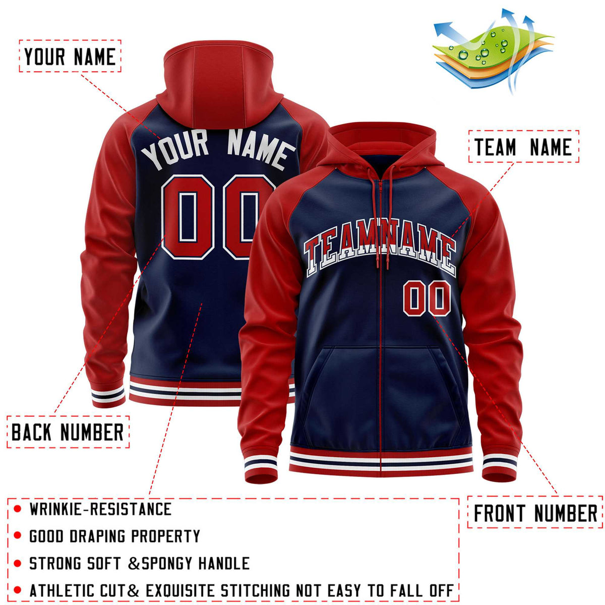 Custom Stitched Navy Red Raglan Sleeves Sports Full-Zip Sweatshirt Hoodie| KXKSHOP