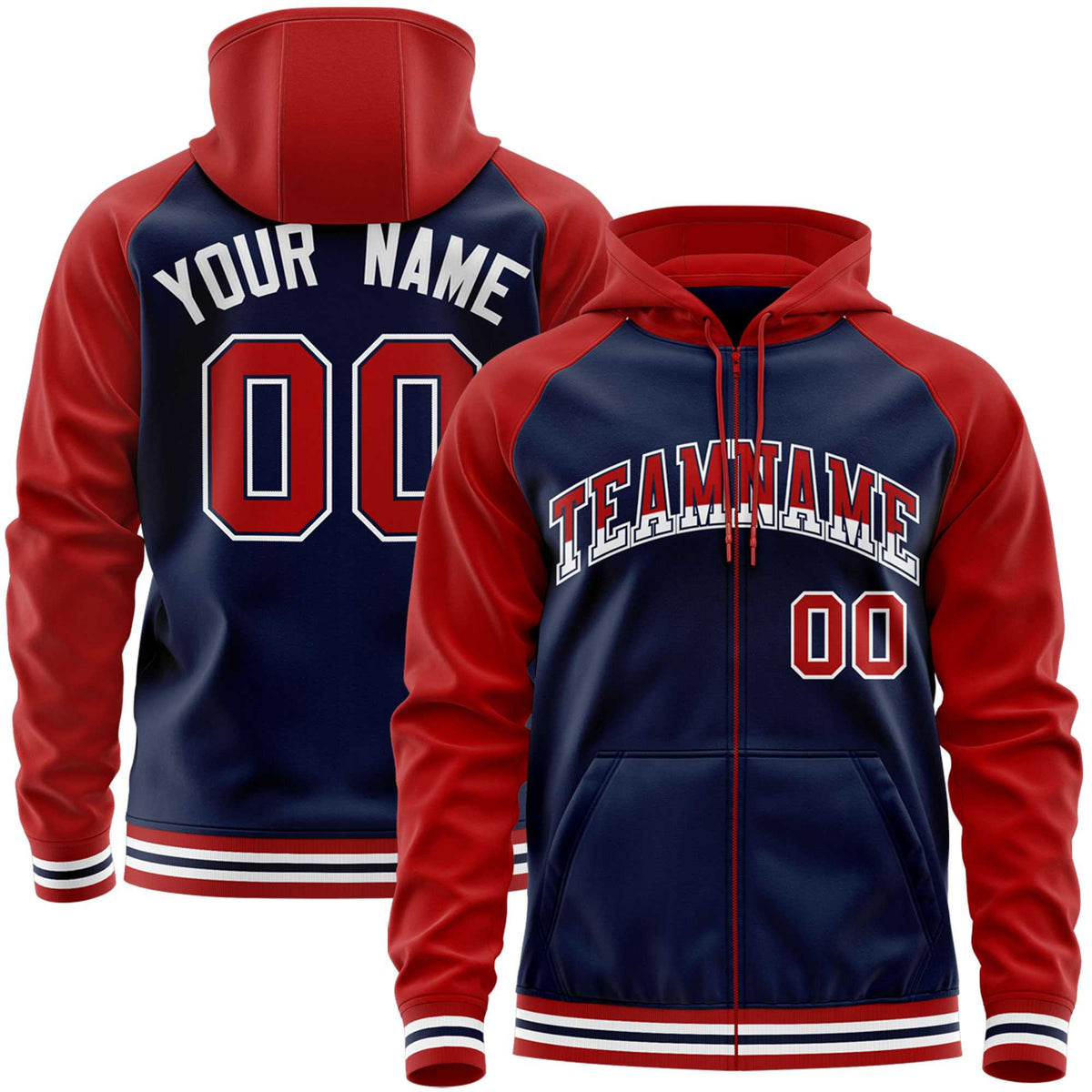 Custom Stitched Navy Red Raglan Sleeves Sports Full-Zip Sweatshirt Hoodie| KXKSHOP