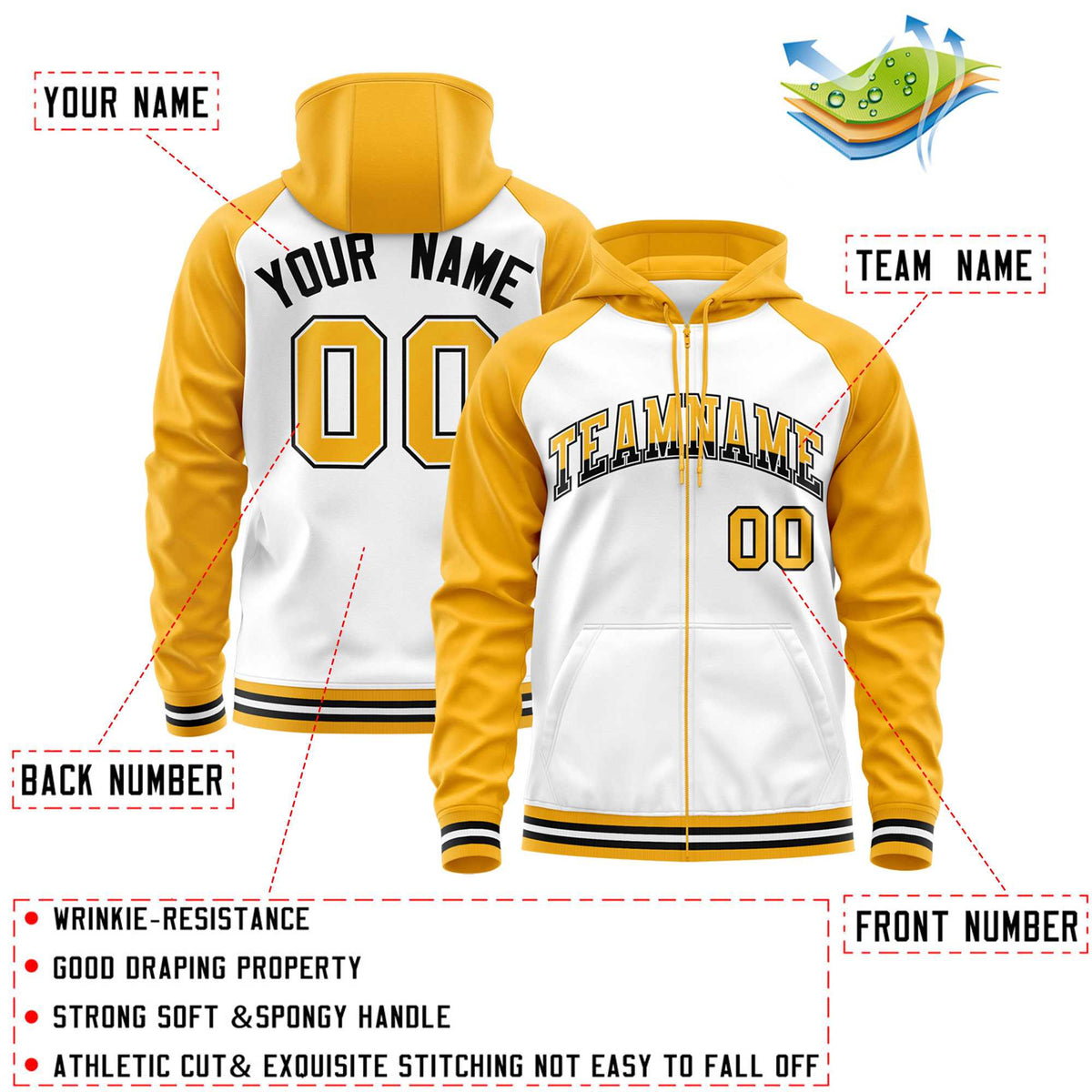 Custom Stitched White Yellow Raglan Sleeves Sports Full-Zip Sweatshirt Hoodie| KXKSHOP