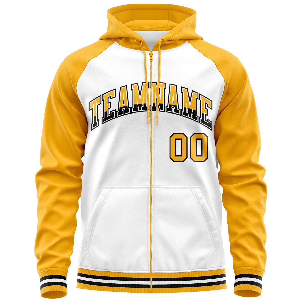 Custom Stitched White Yellow Raglan Sleeves Sports Full-Zip Sweatshirt Hoodie| KXKSHOP