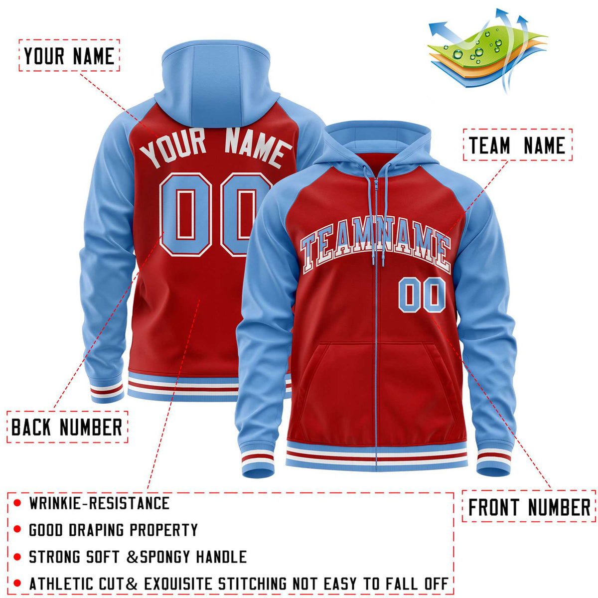 Custom Stitched Red Powder Blue Raglan Sleeves Sports Full-Zip Sweatshirt Hoodie| KXKSHOP