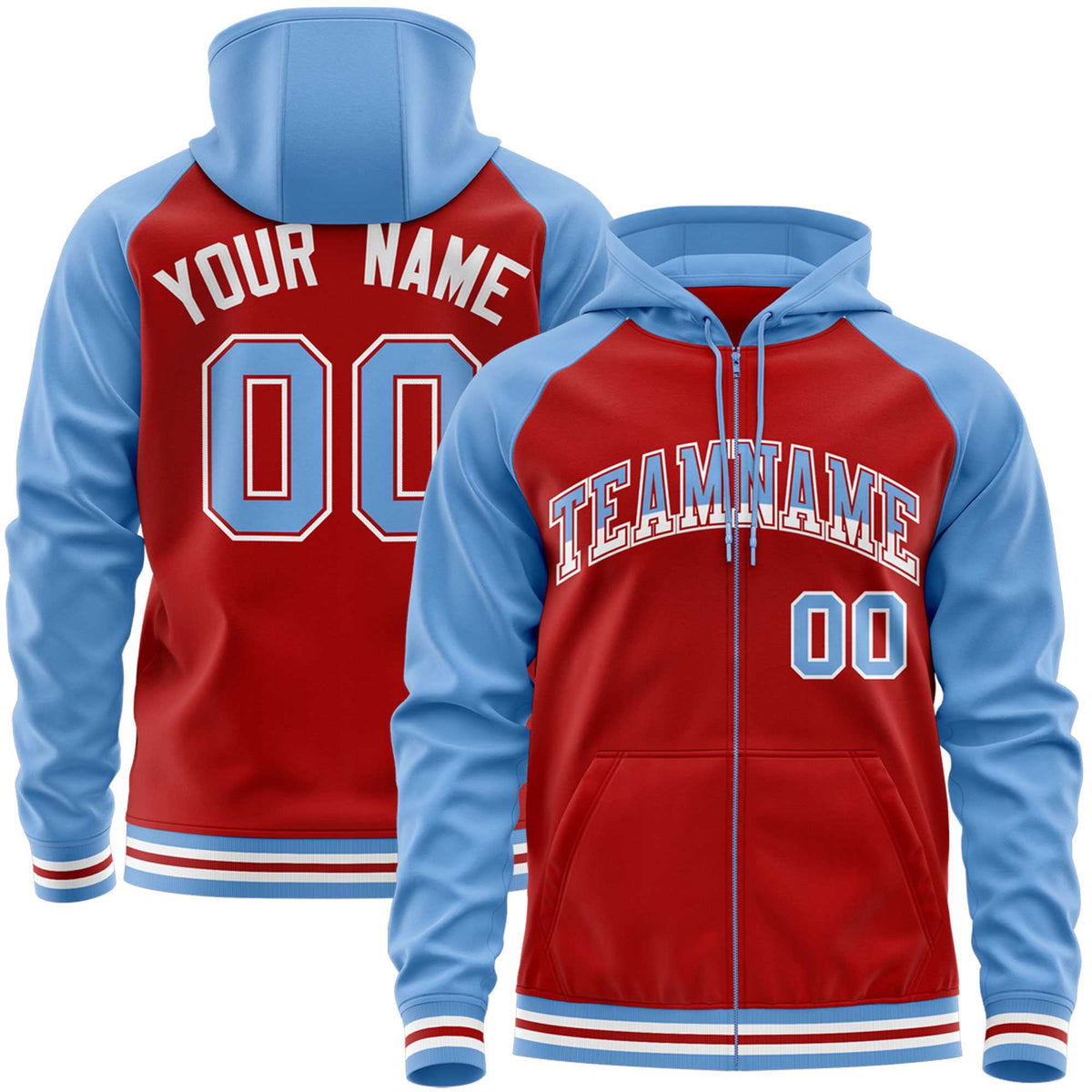 Custom Stitched Red Powder Blue Raglan Sleeves Sports Full-Zip Sweatshirt Hoodie| KXKSHOP