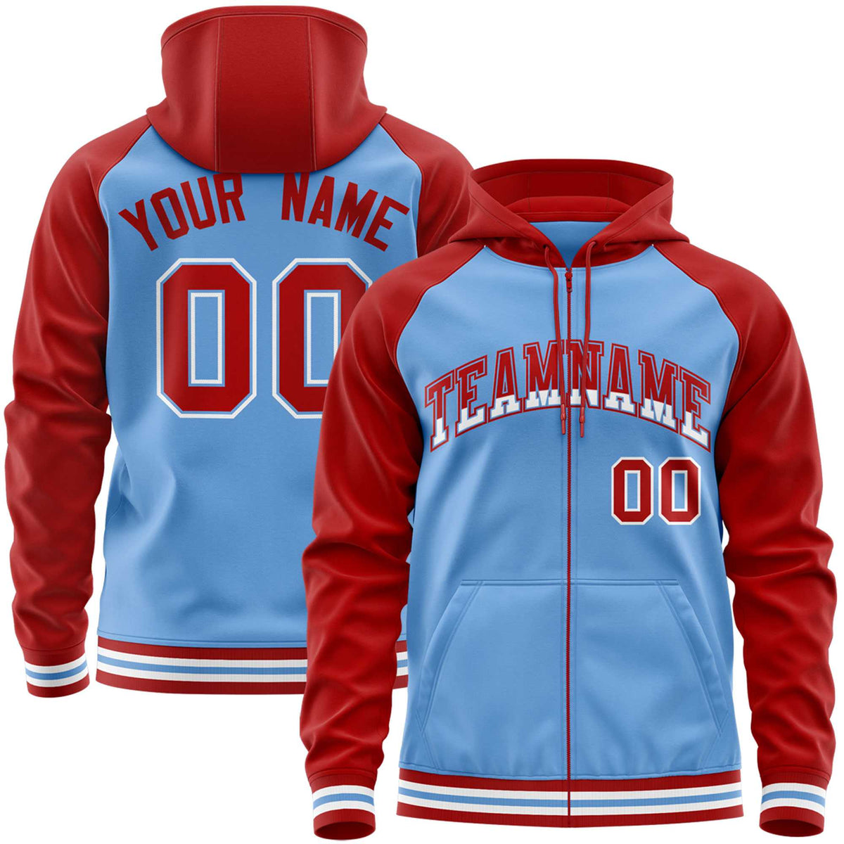 Custom Stitched Powder Blue Red Raglan Sleeves Sports Full-Zip Sweatshirt Hoodie| KXKSHOP
