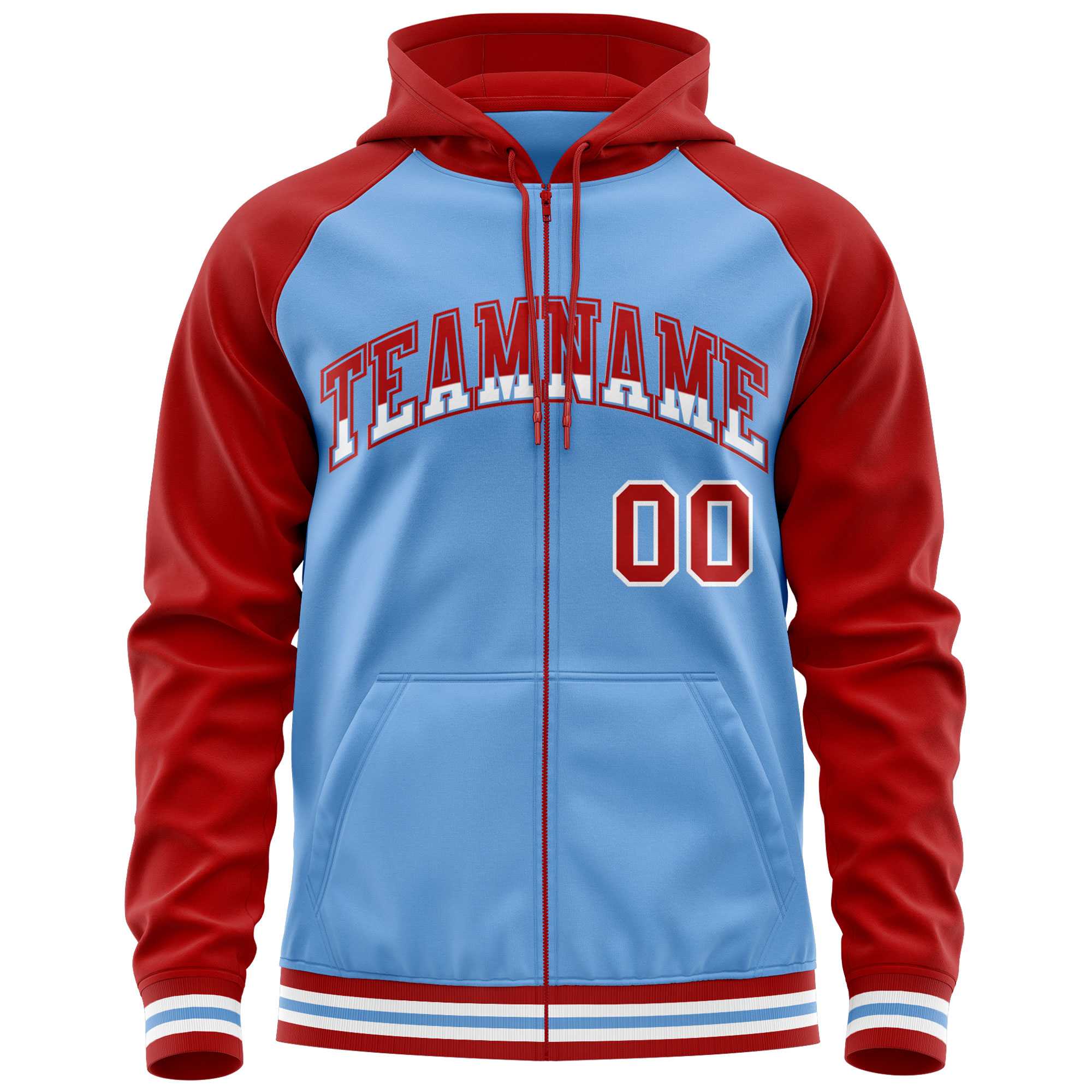 Custom Stitched Powder Blue Red Raglan Sleeves Sports Full-Zip Sweatshirt Hoodie| KXKSHOP