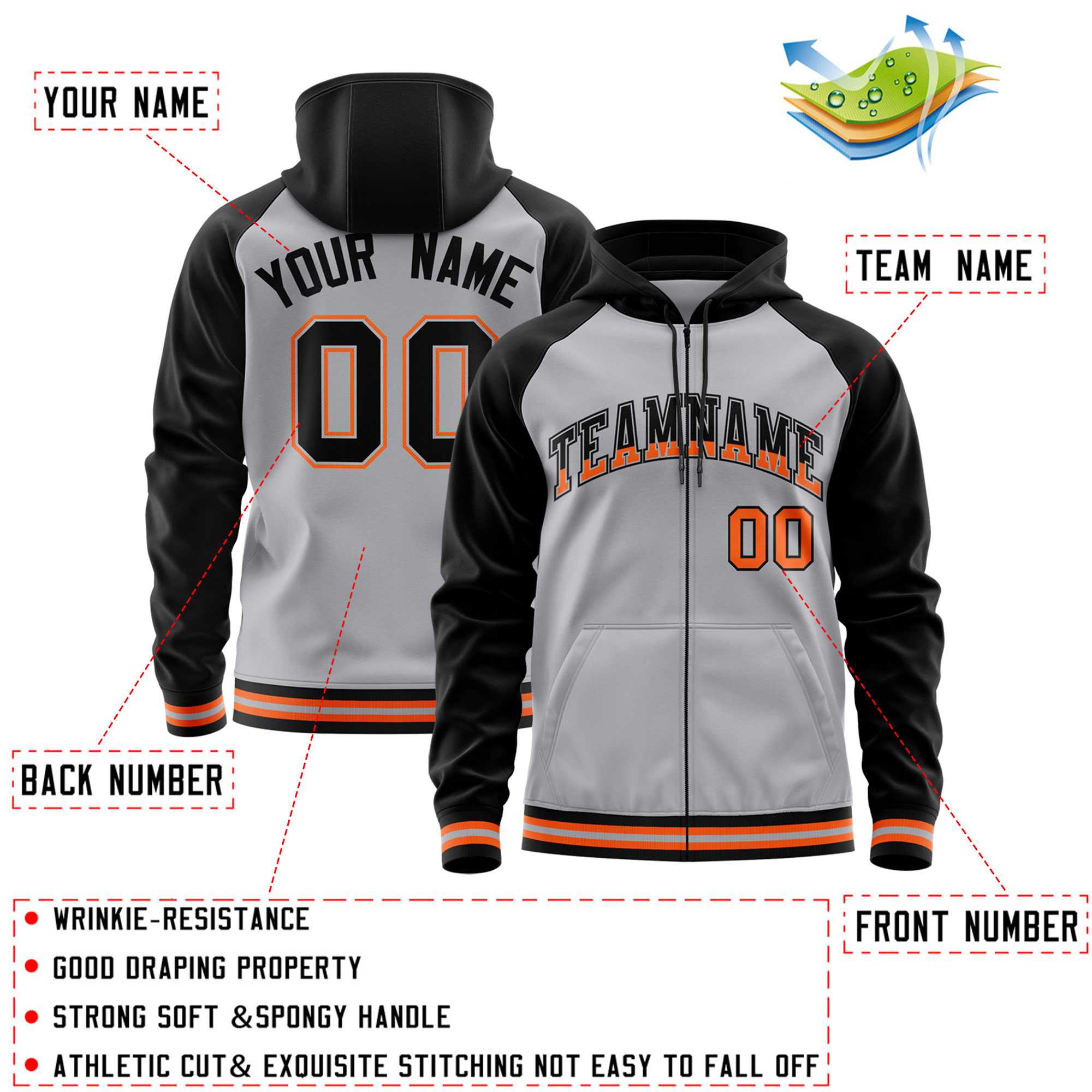 Custom Stitched Gray Black Raglan Sleeves Sports Full-Zip Sweatshirt Hoodie| KXKSHOP