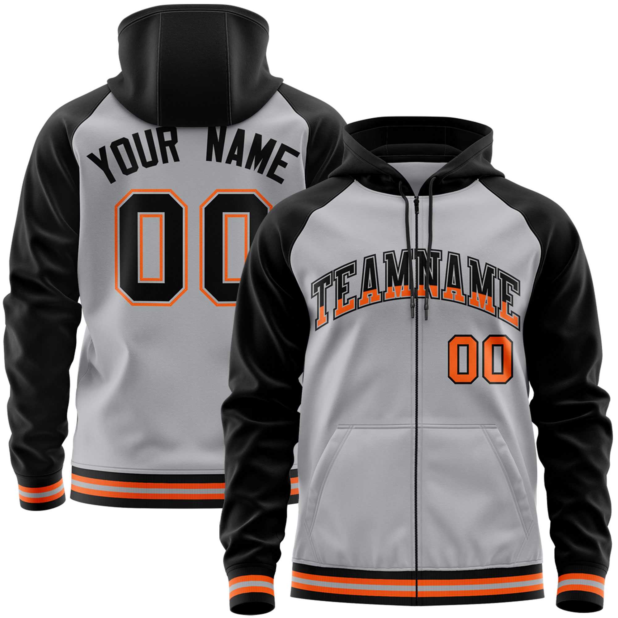 Custom Stitched Gray Black Raglan Sleeves Sports Full-Zip Sweatshirt Hoodie| KXKSHOP