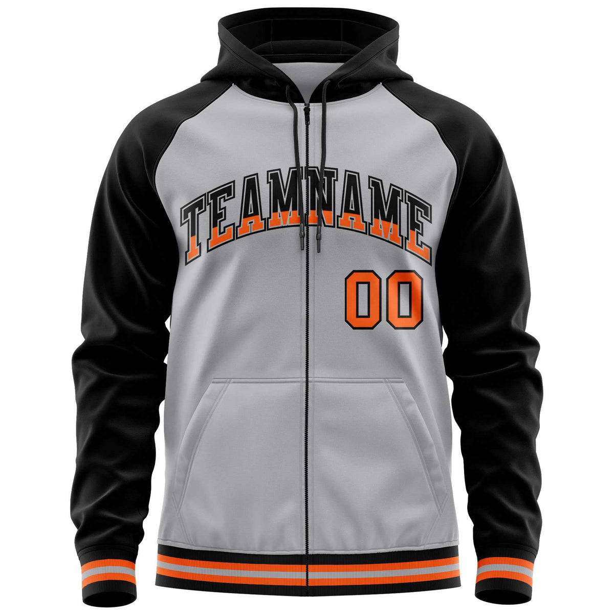 Custom Stitched Gray Black Raglan Sleeves Sports Full-Zip Sweatshirt Hoodie| KXKSHOP