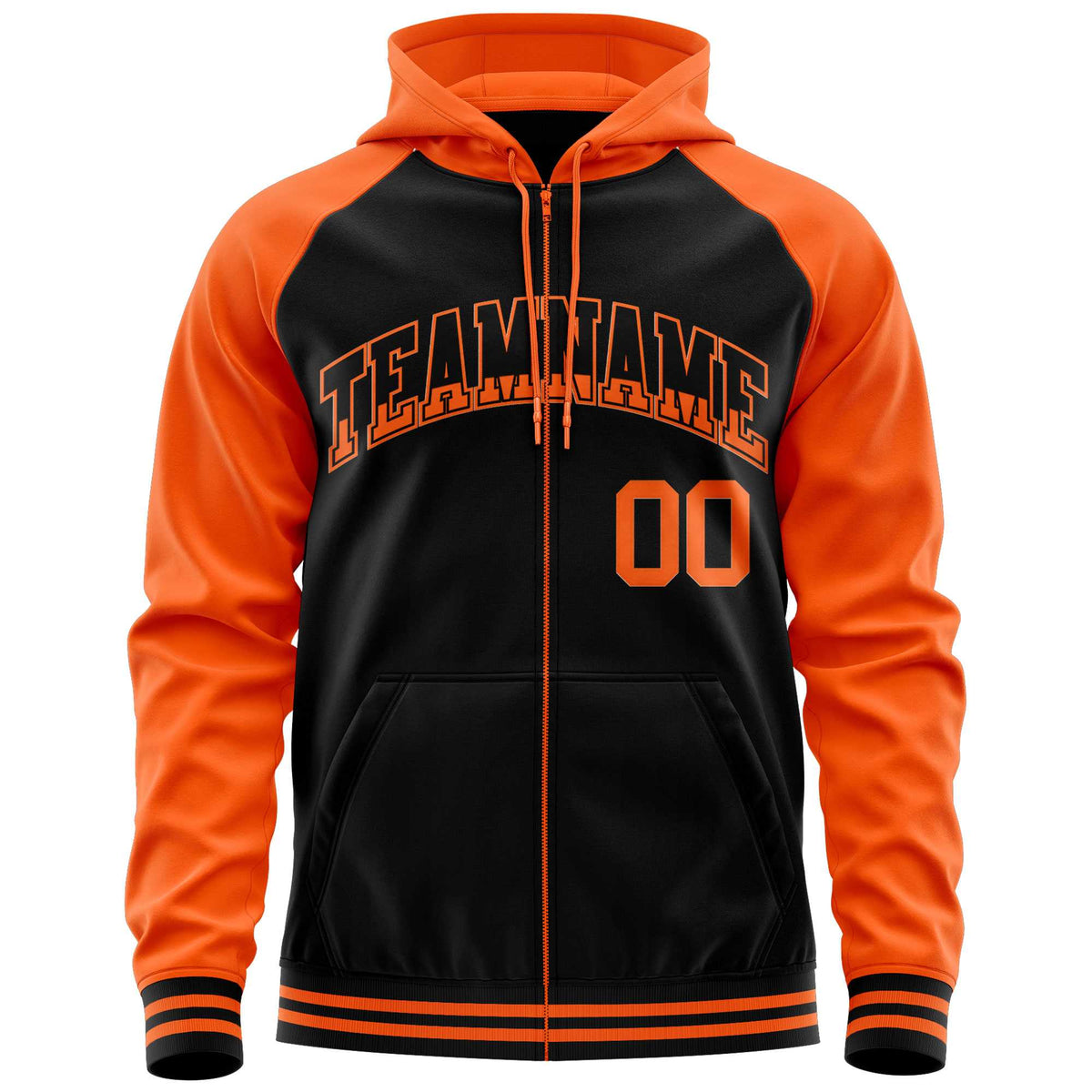 Custom Stitched Black Orange Raglan Sleeves Sports Full-Zip Sweatshirt Hoodie| KXKSHOP