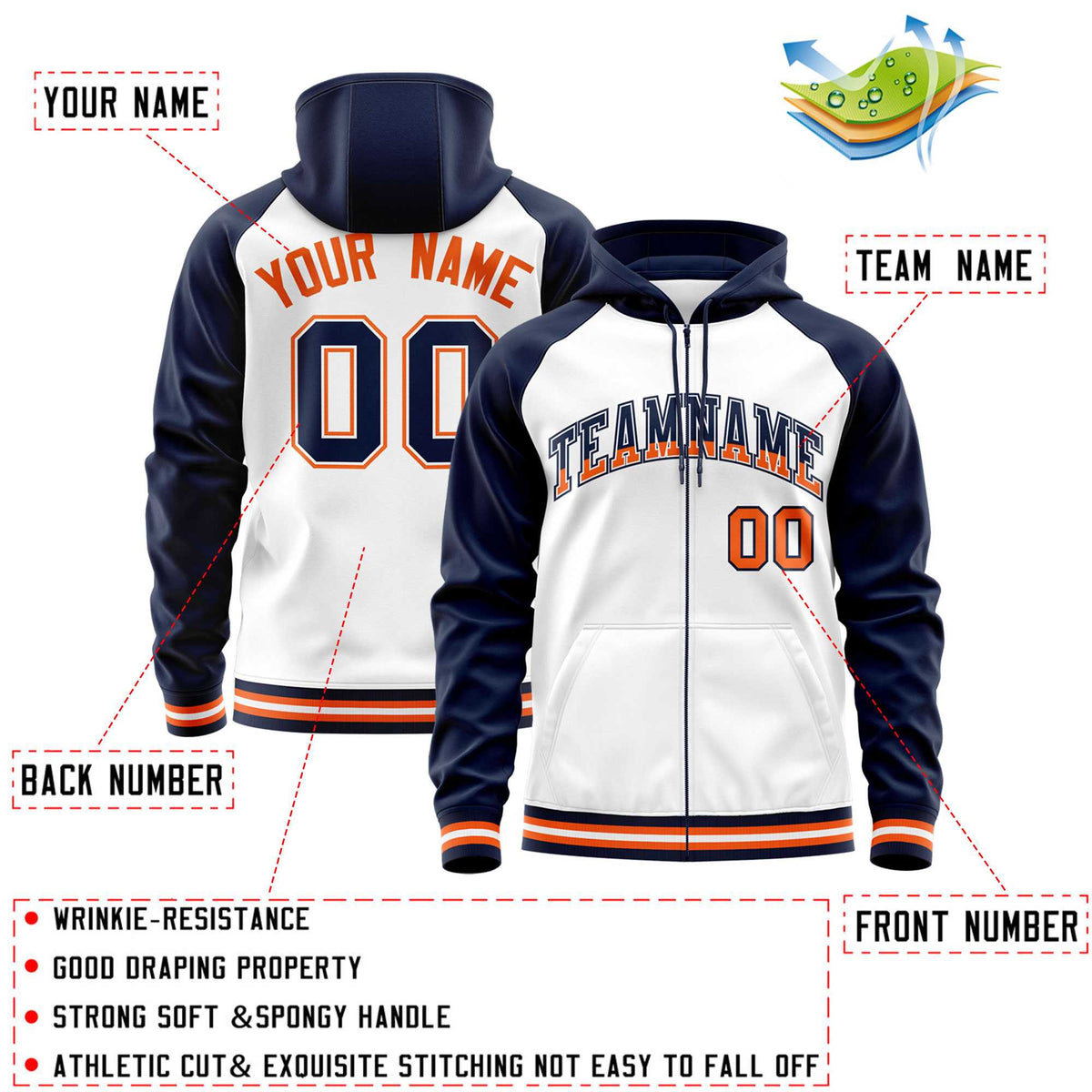 Custom Stitched White Navy Raglan Sleeves Sports Full-Zip Sweatshirt Hoodie| KXKSHOP