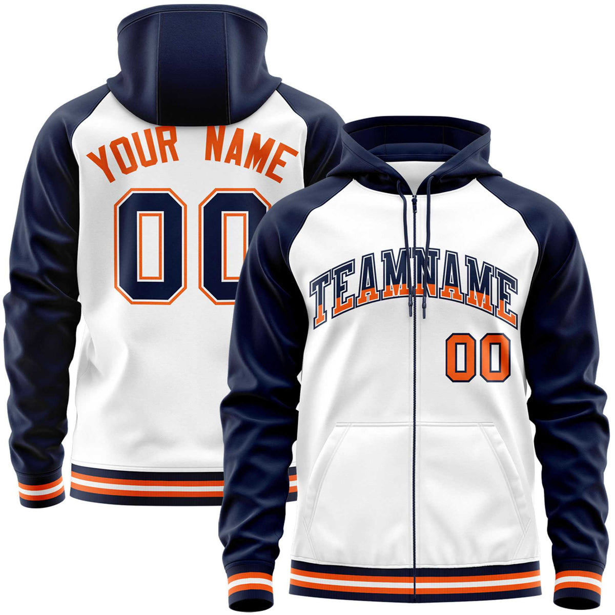 Custom Stitched White Navy Raglan Sleeves Sports Full-Zip Sweatshirt Hoodie| KXKSHOP