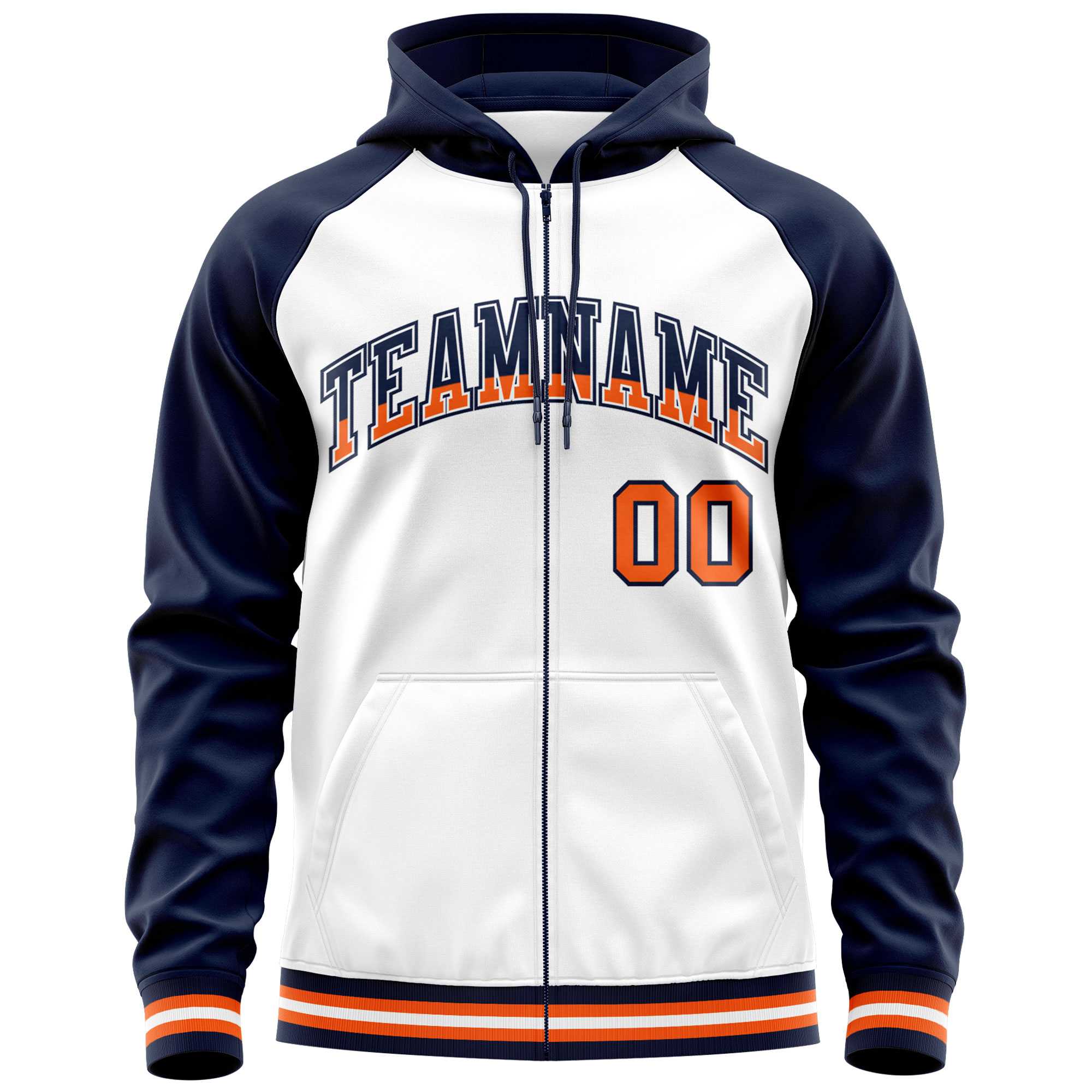 Custom Stitched White Navy Raglan Sleeves Sports Full-Zip Sweatshirt Hoodie| KXKSHOP