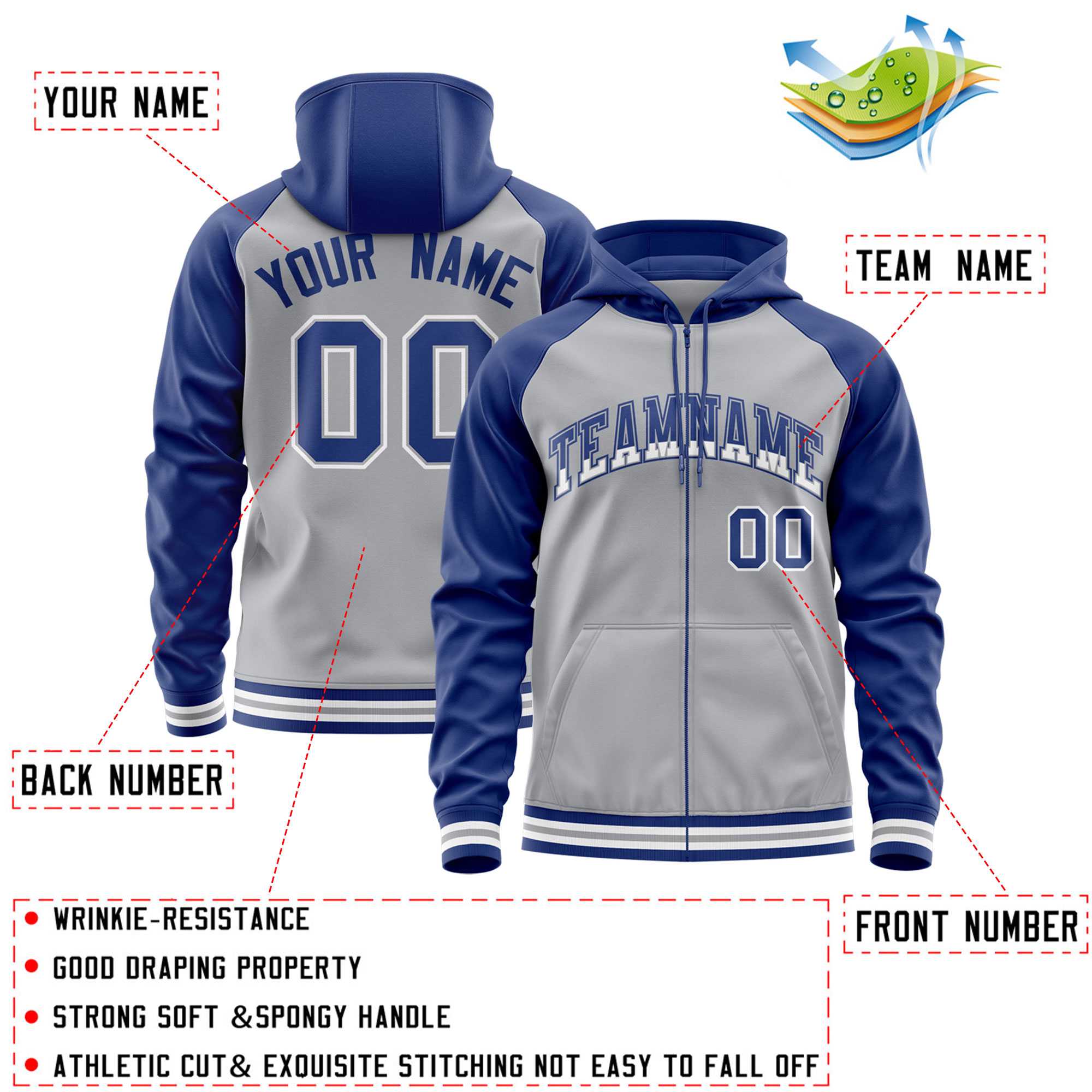Custom Stitched Gray Royal Raglan Sleeves Sports Full-Zip Sweatshirt Hoodie| KXKSHOP