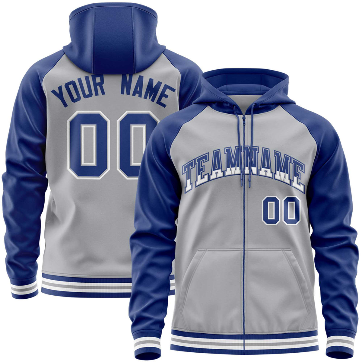 Custom Stitched Gray Royal Raglan Sleeves Sports Full-Zip Sweatshirt Hoodie| KXKSHOP