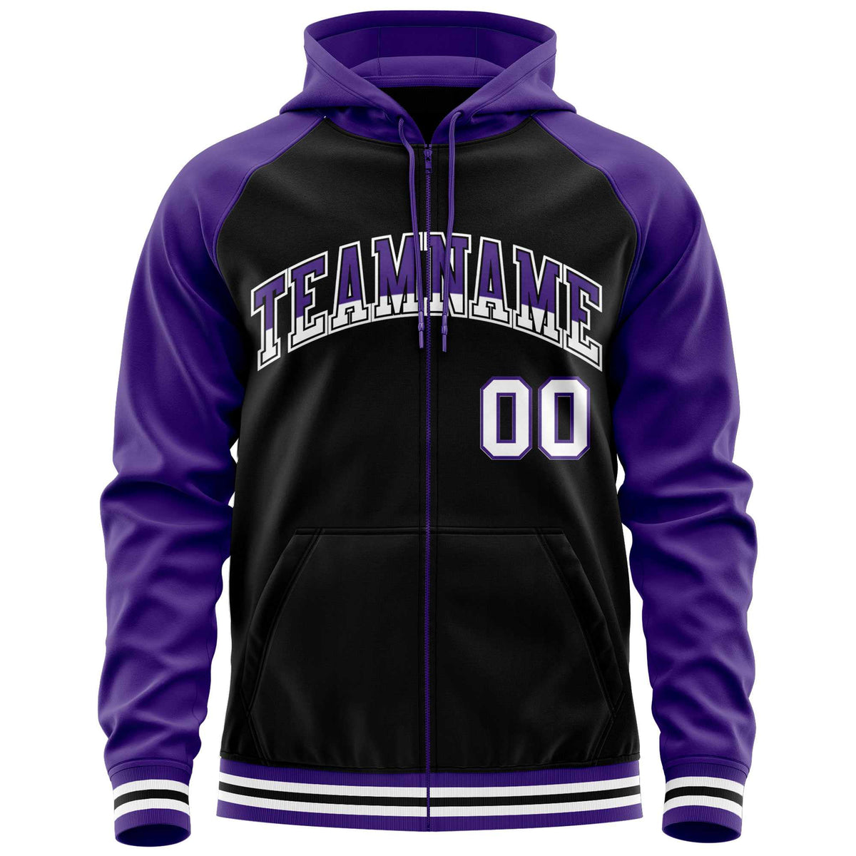 Custom Stitched Black Purple Raglan Sleeves Sports Full-Zip Sweatshirt Hoodie| KXKSHOP
