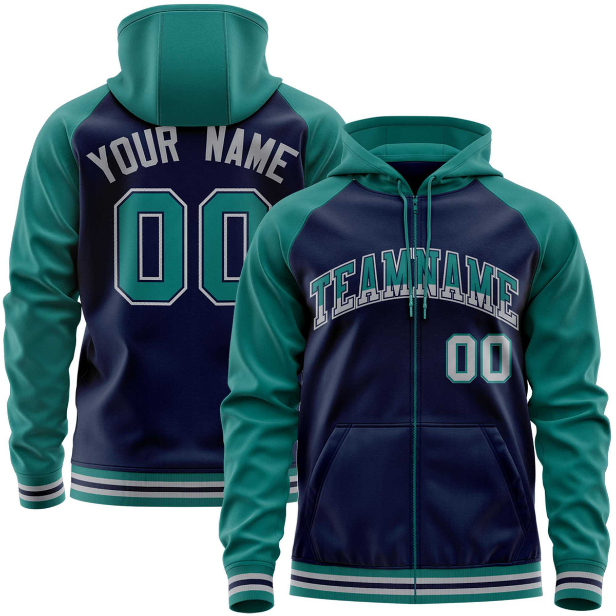 Custom Stitched Navy Aqua Raglan Sleeves Sports Full-Zip Sweatshirt Hoodie| KXKSHOP