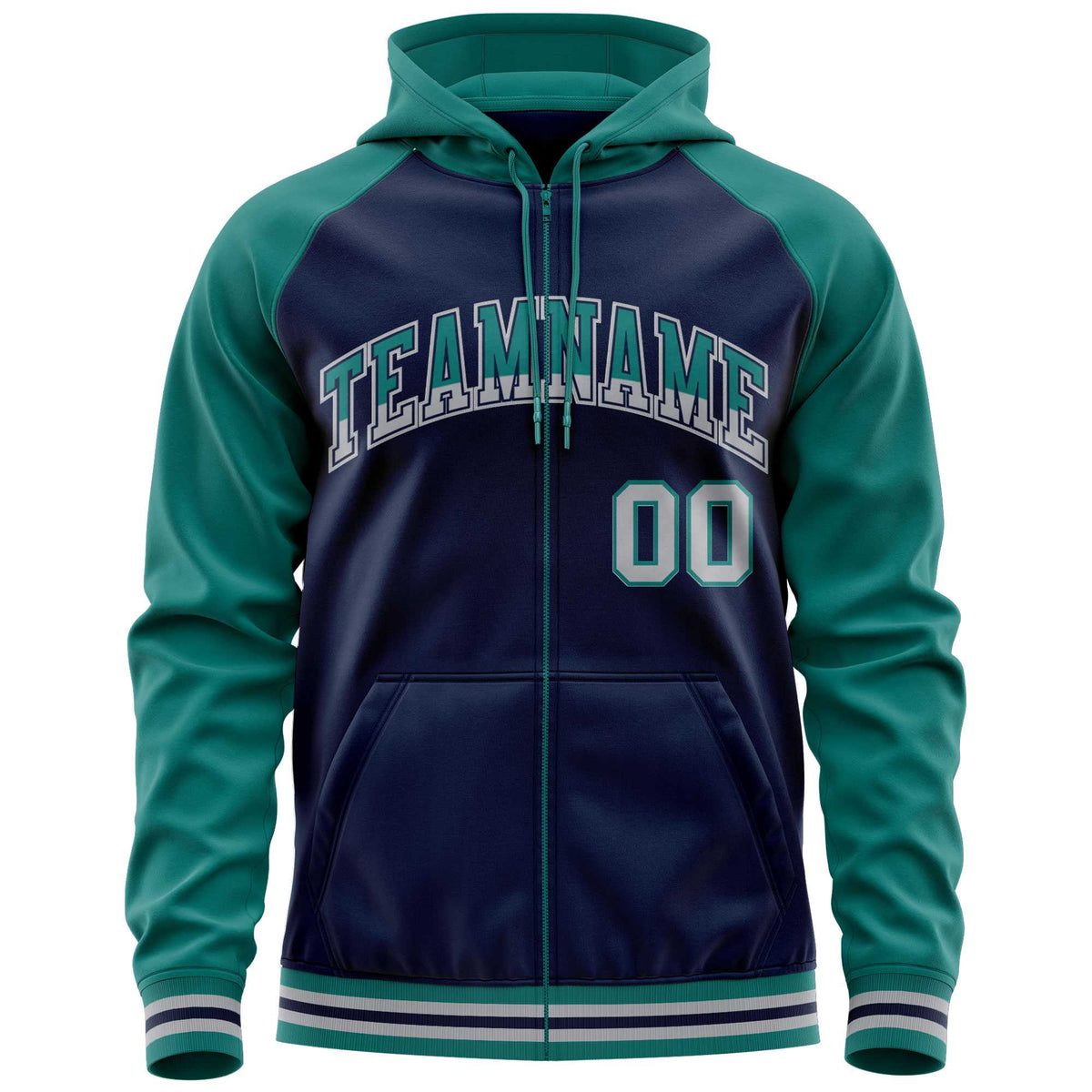 Custom Stitched Navy Aqua Raglan Sleeves Sports Full-Zip Sweatshirt Hoodie| KXKSHOP