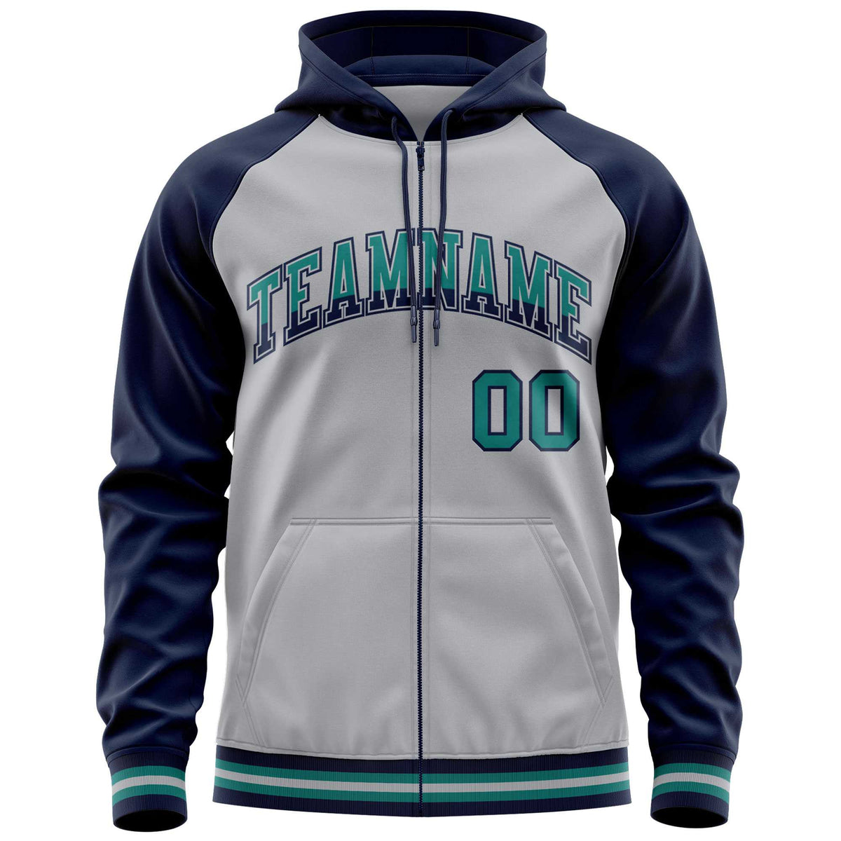 Custom Stitched Gray Navy Raglan Sleeves Sports Full-Zip Sweatshirt Hoodie| KXKSHOP