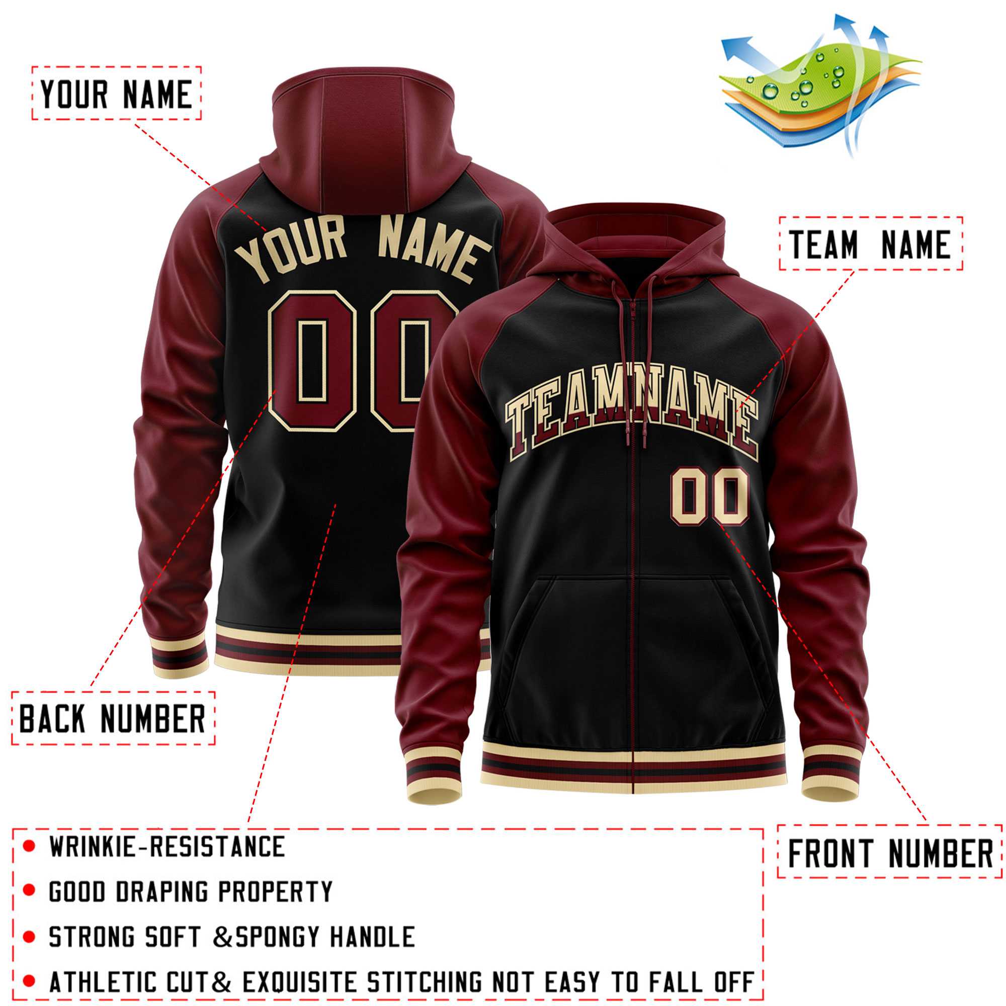 Custom Stitched Black Crimson Raglan Sleeves Sports Full-Zip Sweatshirt Hoodie| KXKSHOP