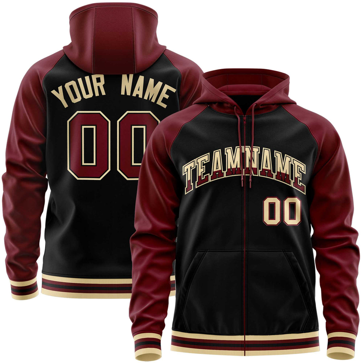 Custom Stitched Black Crimson Raglan Sleeves Sports Full-Zip Sweatshirt Hoodie| KXKSHOP