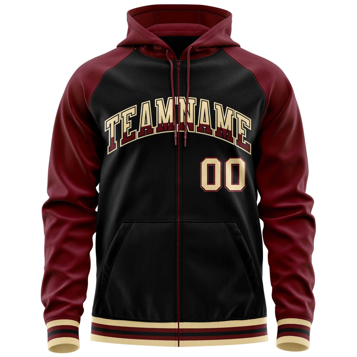 Custom Stitched Black Crimson Raglan Sleeves Sports Full-Zip Sweatshirt Hoodie| KXKSHOP