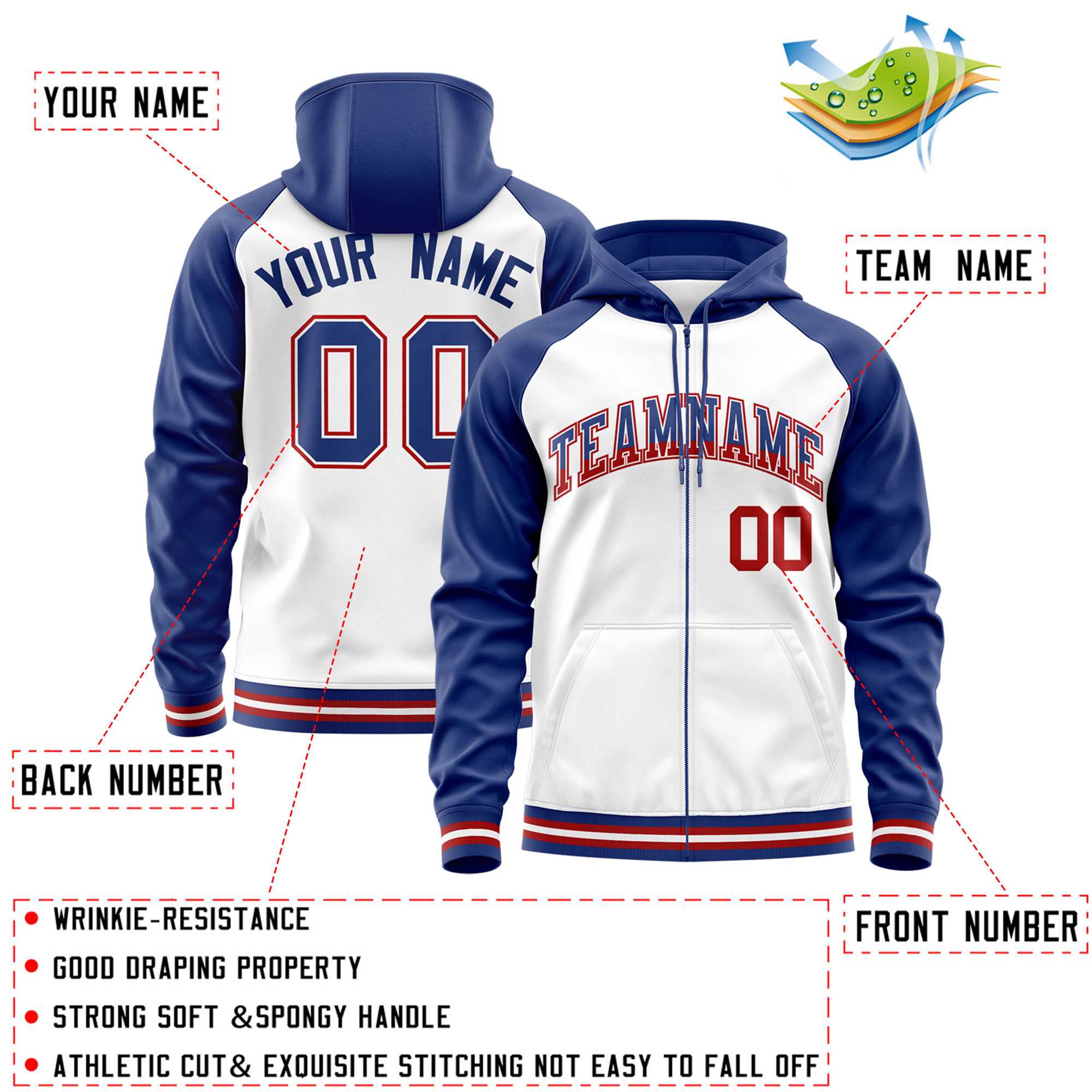 Custom Stitched White Royal Raglan Sleeves Sports Full-Zip Sweatshirt Hoodie| KXKSHOP