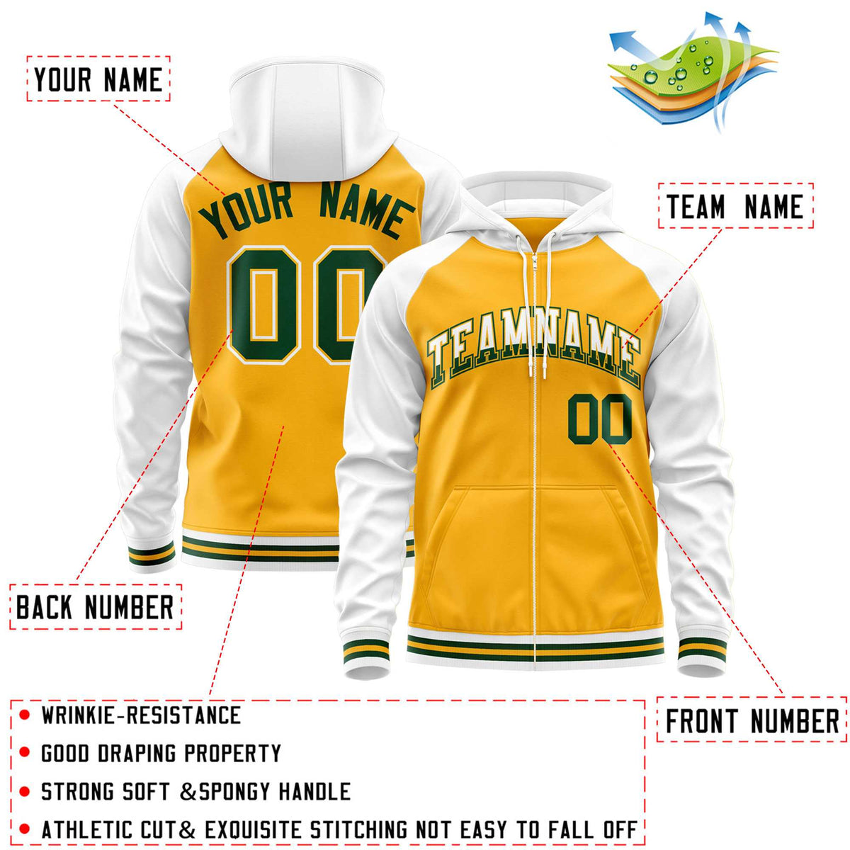 Custom Stitched Yellow White Raglan Sleeves Sports Full-Zip Sweatshirt Hoodie| KXKSHOP