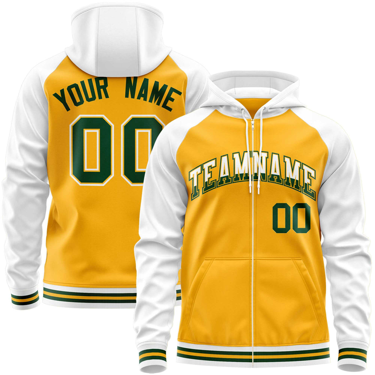 Custom Stitched Yellow White Raglan Sleeves Sports Full-Zip Sweatshirt Hoodie| KXKSHOP