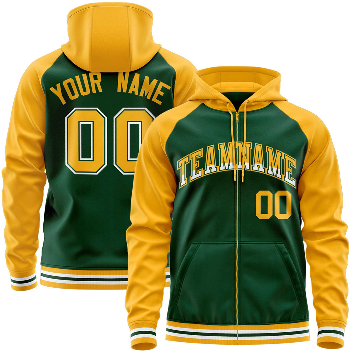 Custom Stitched Green Yellow Raglan Sleeves Sports Full-Zip Sweatshirt Hoodie| KXKSHOP