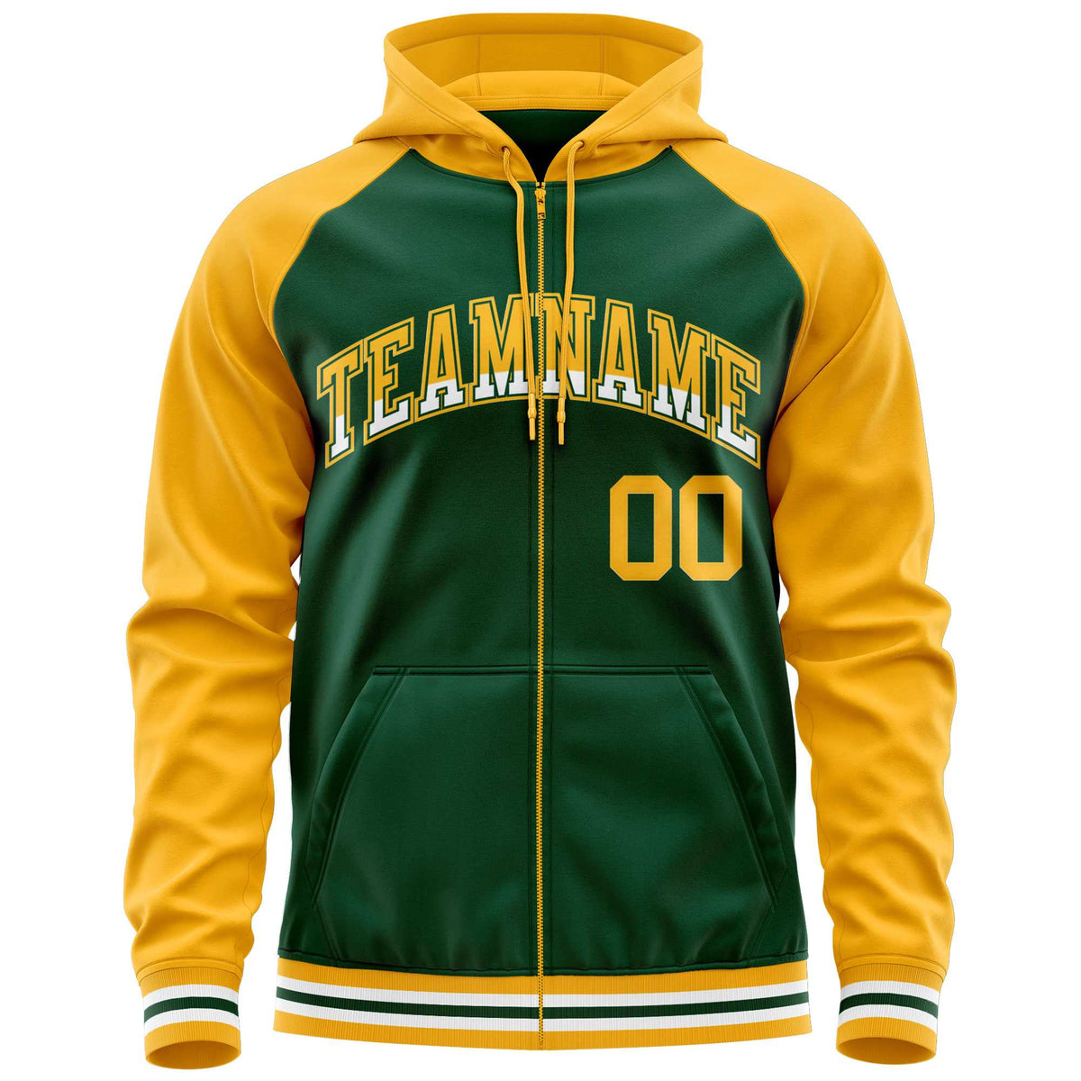 Custom Stitched Green Yellow Raglan Sleeves Sports Full-Zip Sweatshirt Hoodie| KXKSHOP