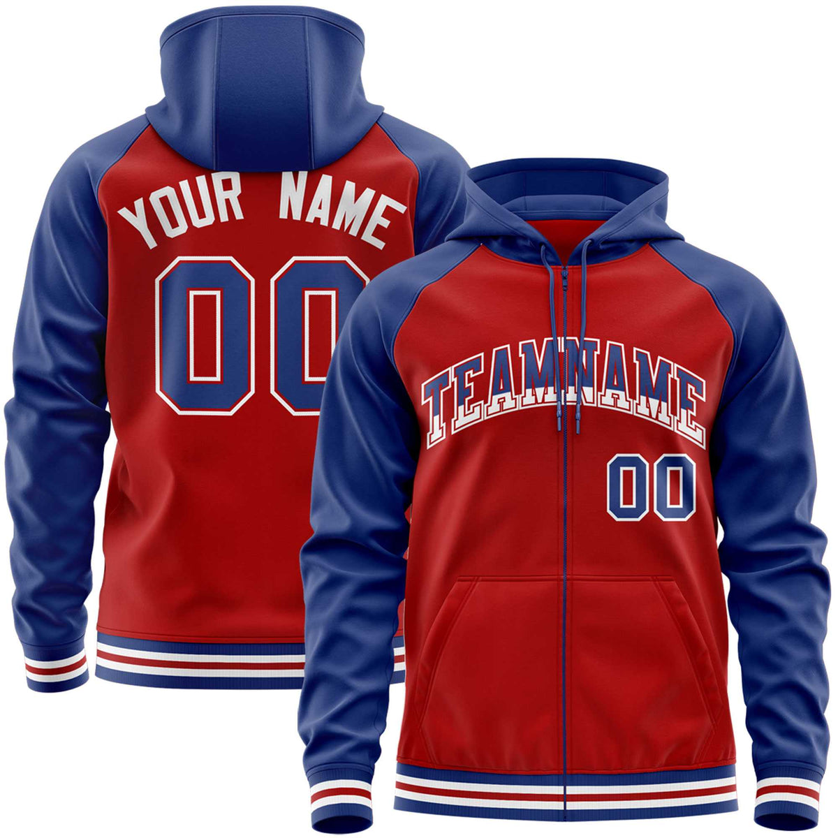 Custom Stitched Red Royal Raglan Sleeves Sports Full-Zip Sweatshirt Hoodie| KXKSHOP