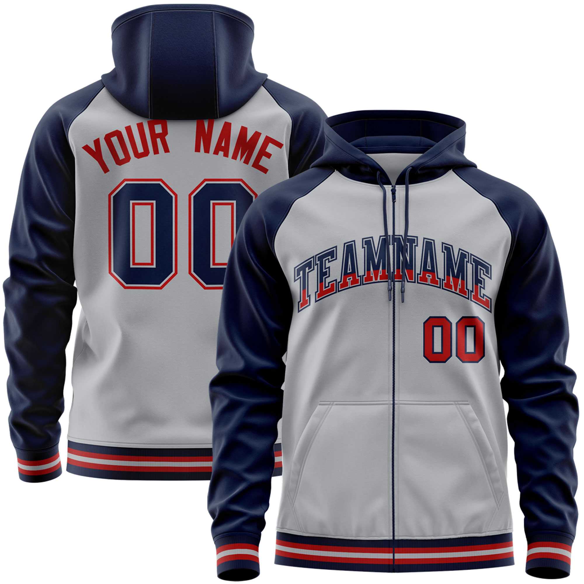 Custom Stitched Gray Navy Raglan Sleeves Sports Full-Zip Sweatshirt Hoodie| KXKSHOP