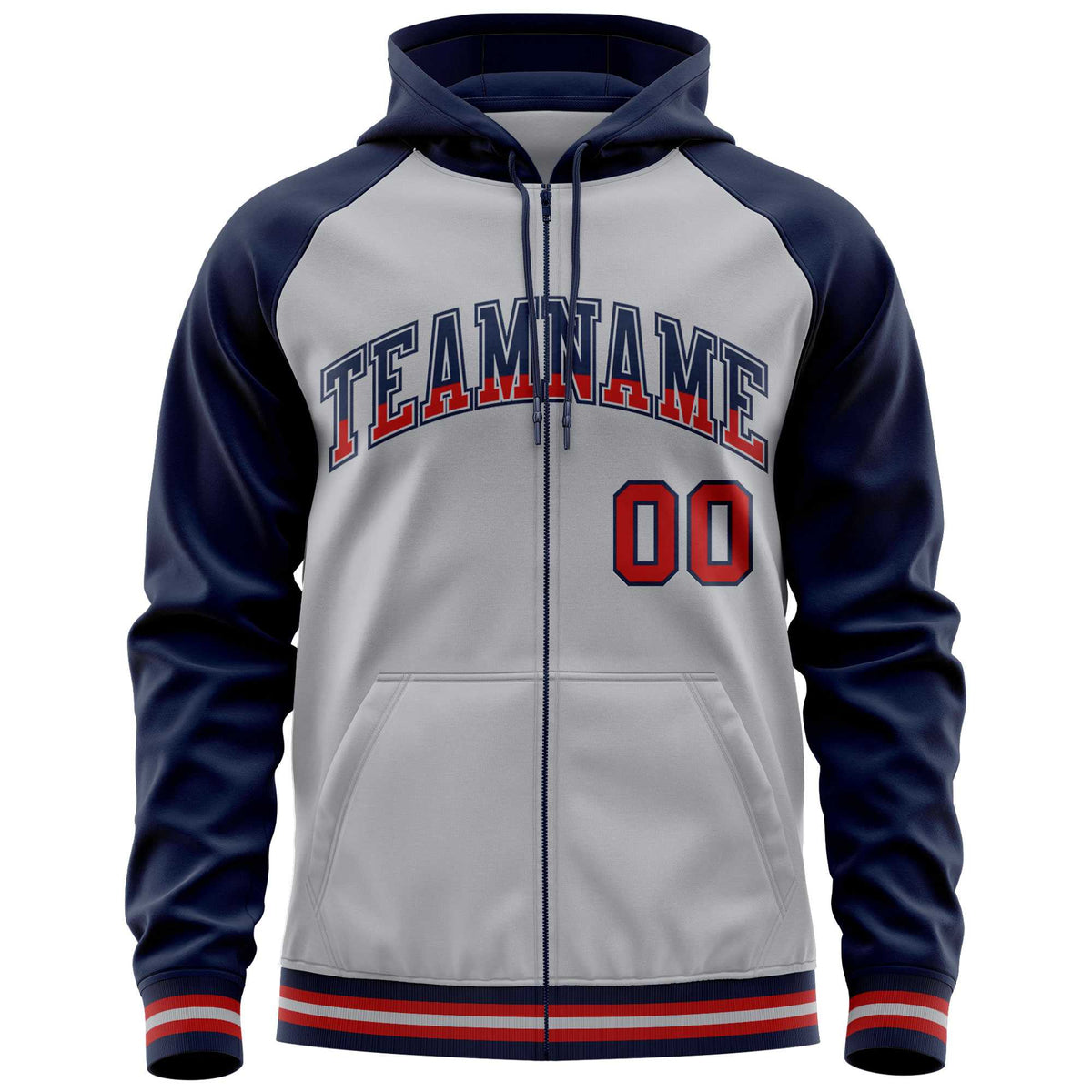 Custom Stitched Gray Navy Raglan Sleeves Sports Full-Zip Sweatshirt Hoodie| KXKSHOP