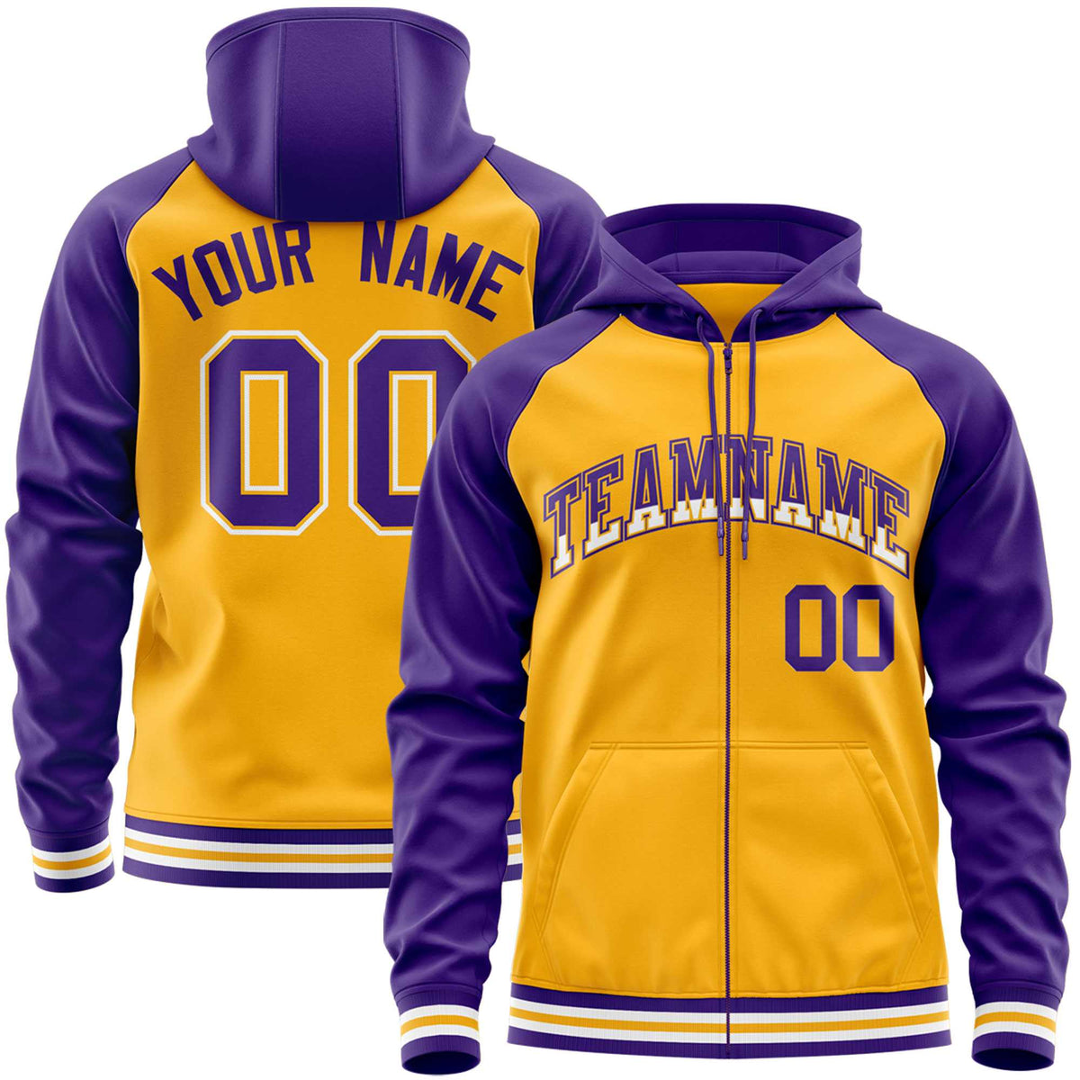 Custom Stitched Yellow Purple Raglan Sleeves Sports Full-Zip Sweatshirt Hoodie| KXKSHOP