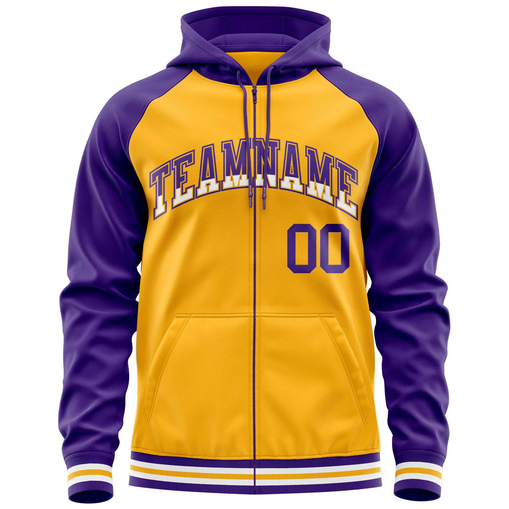 Custom Stitched Yellow Purple Raglan Sleeves Sports Full-Zip Sweatshirt Hoodie| KXKSHOP