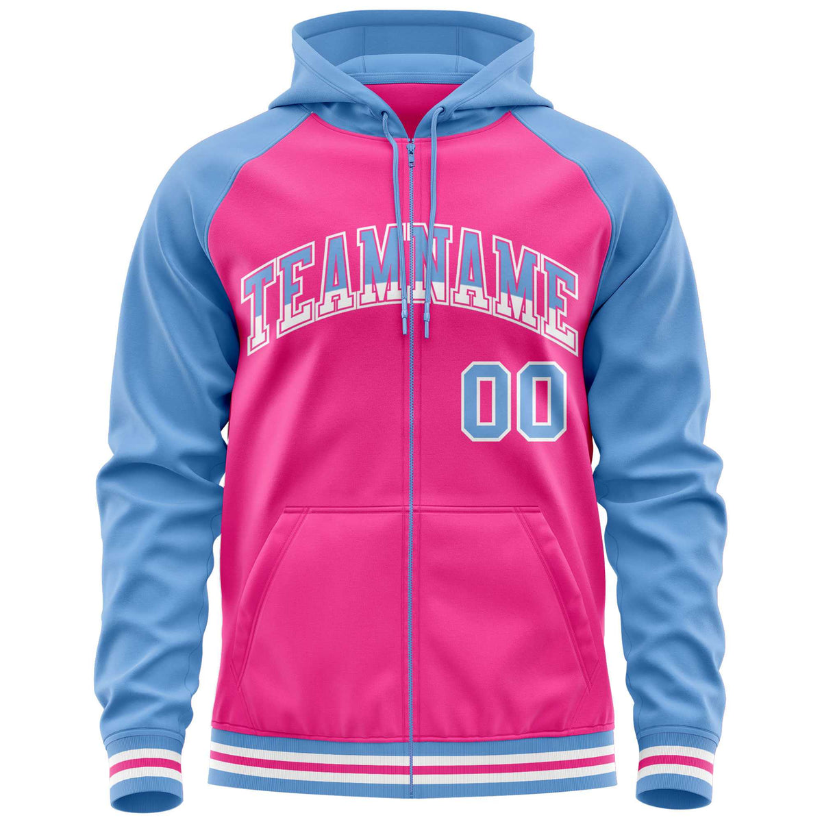 Custom Stitched Pink Powder Blue Raglan Sleeves Sports Full-Zip Sweatshirt Hoodie| KXKSHOP