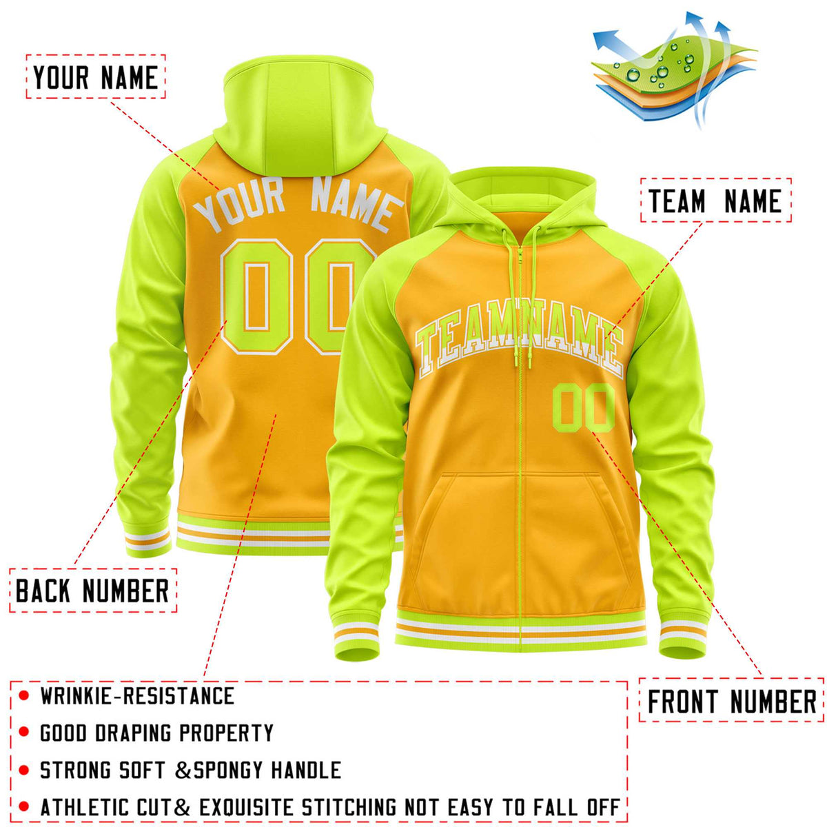 Custom Stitched Yellow Neon Green Raglan Sleeves Sports Full-Zip Sweatshirt Hoodie| KXKSHOP