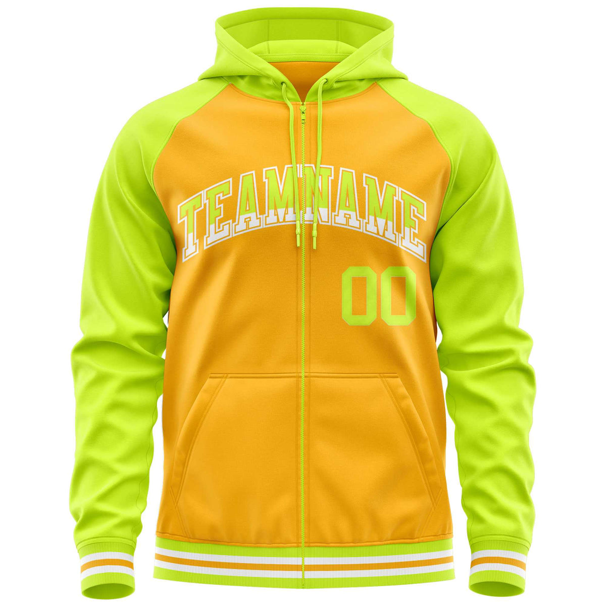 Custom Stitched Yellow Neon Green Raglan Sleeves Sports Full-Zip Sweatshirt Hoodie| KXKSHOP