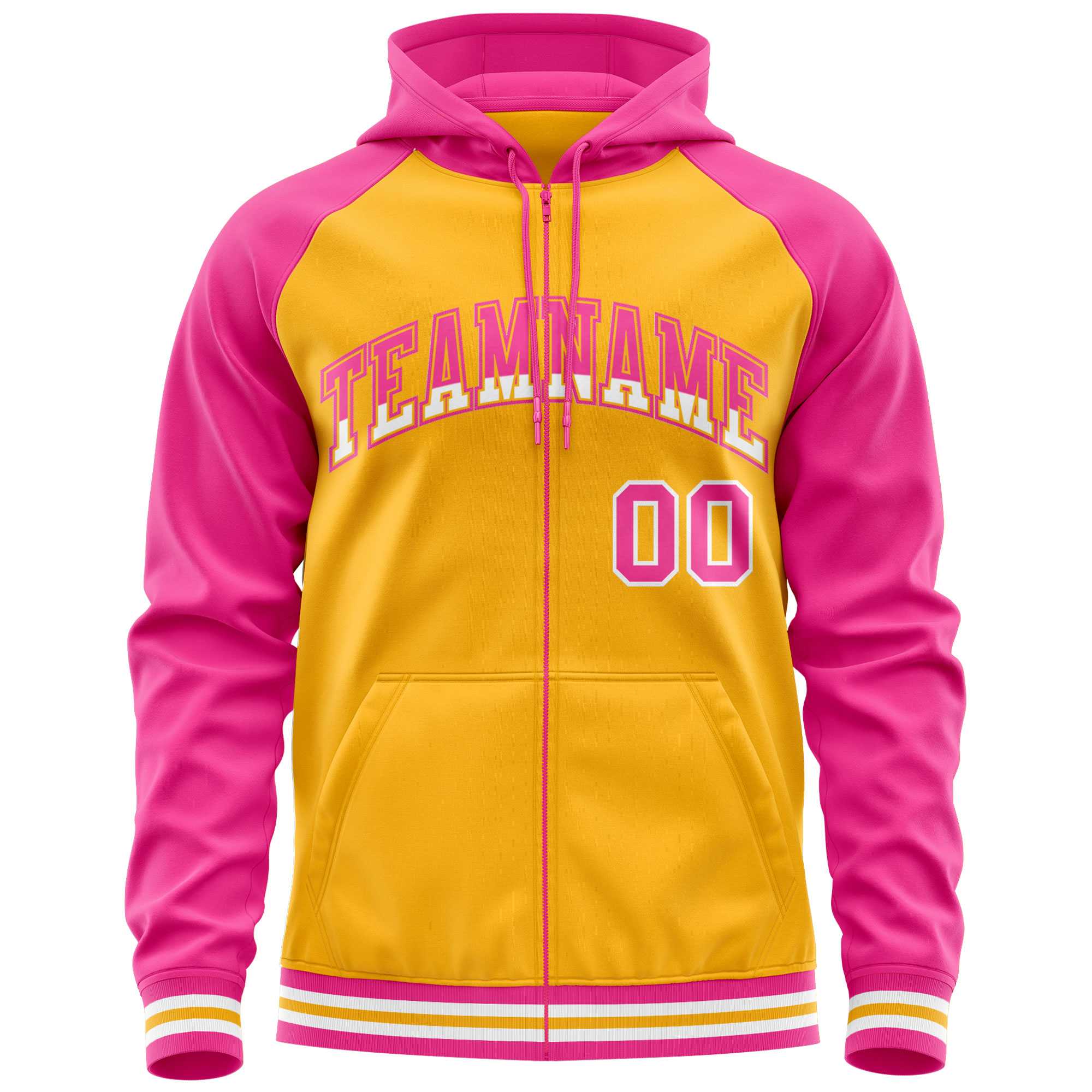 Custom Stitched Yellow Pink Raglan Sleeves Sports Full-Zip Sweatshirt Hoodie| KXKSHOP