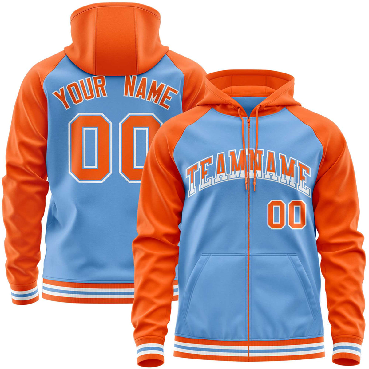 Custom Stitched Powder Blue Orange Raglan Sleeves Sports Full-Zip Sweatshirt Hoodie| KXKSHOP