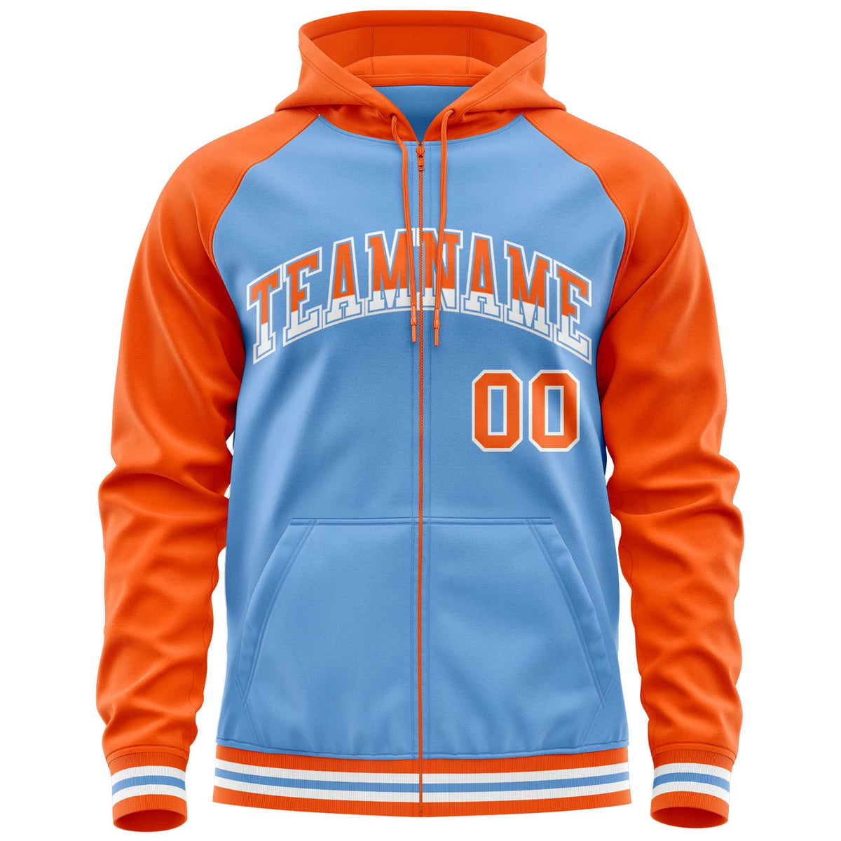 Custom Stitched Powder Blue Orange Raglan Sleeves Sports Full-Zip Sweatshirt Hoodie| KXKSHOP