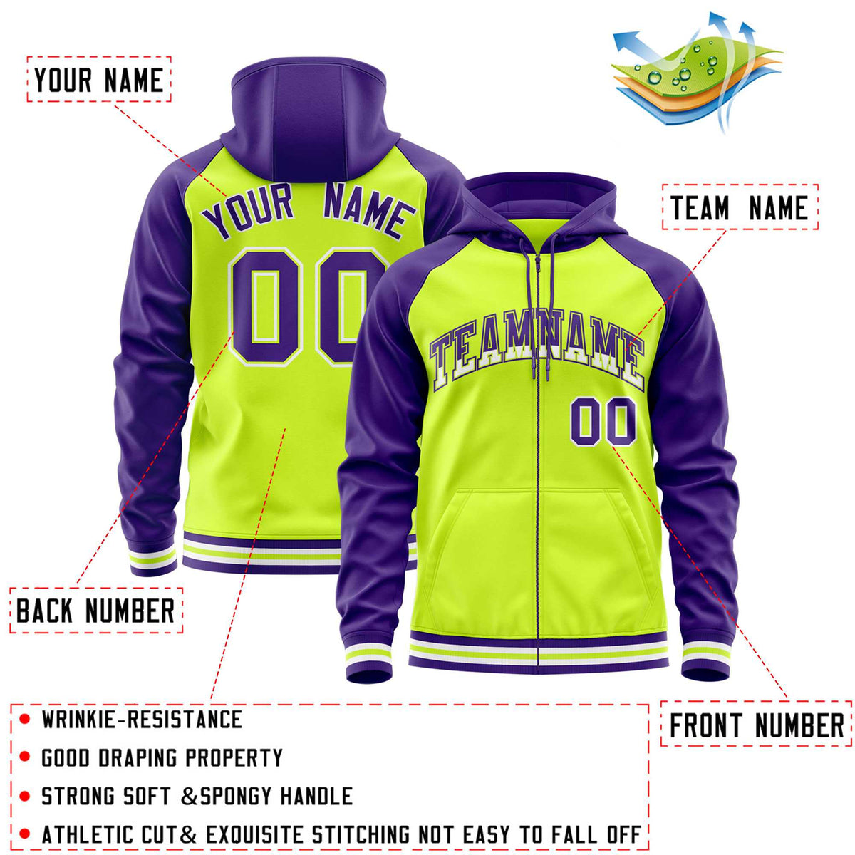 Custom Stitched Neon Green Purple Raglan Sleeves Sports Full-Zip Sweatshirt Hoodie| KXKSHOP