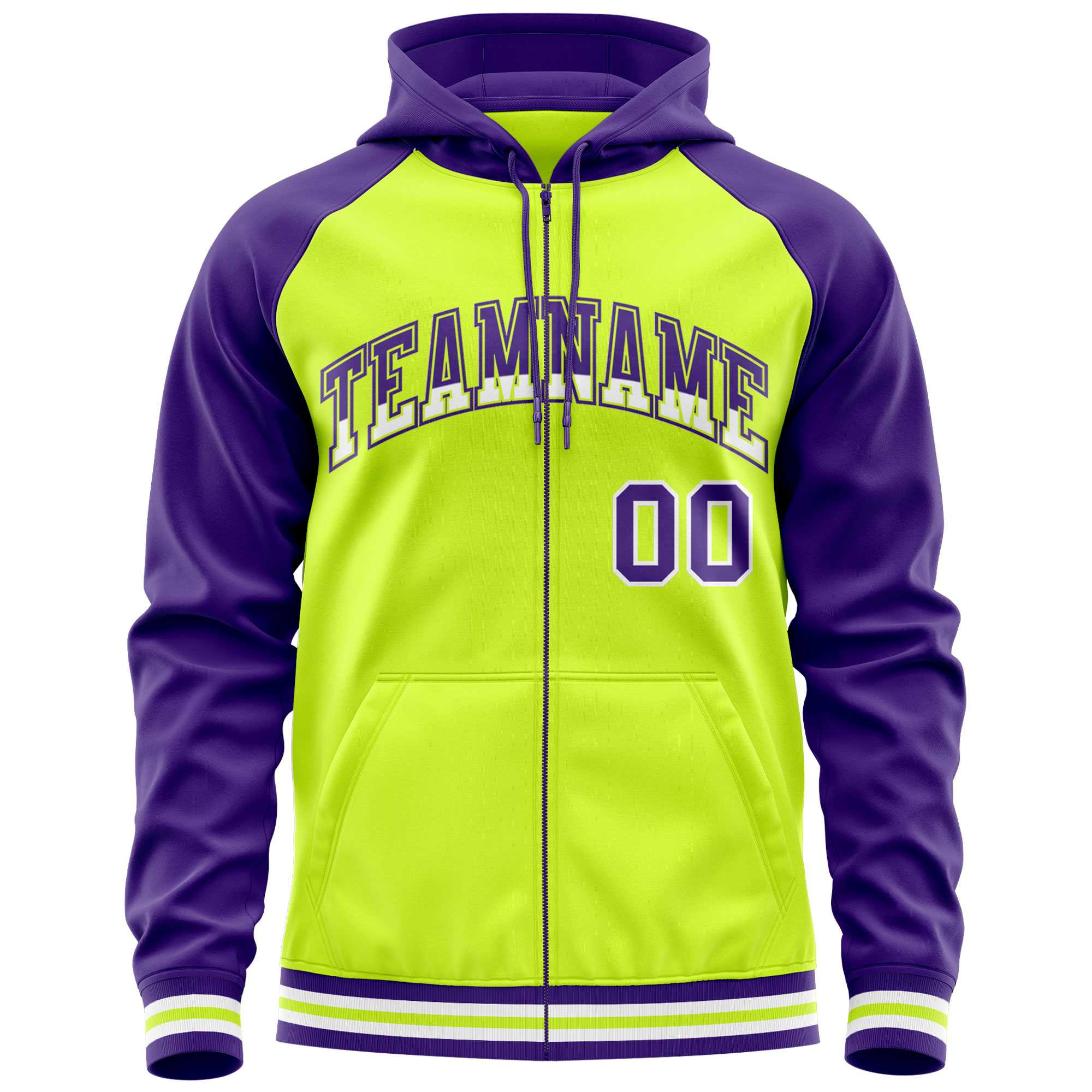 Custom Stitched Neon Green Purple Raglan Sleeves Sports Full-Zip Sweatshirt Hoodie| KXKSHOP
