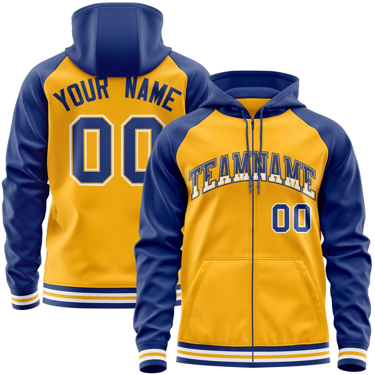 Custom Stitched Yellow Royal Raglan Sleeves Sports Full-Zip Sweatshirt Hoodie| KXKSHOP