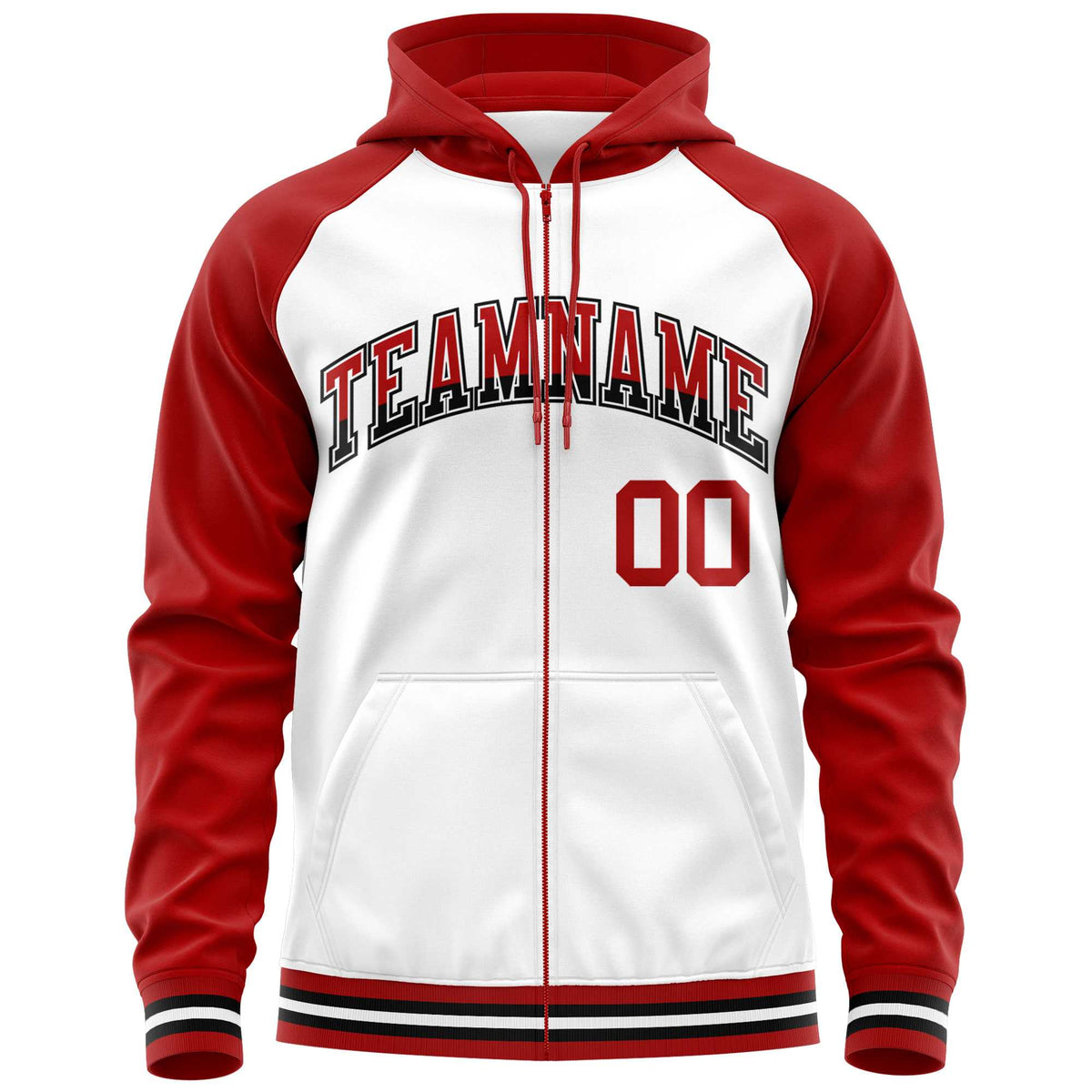 Custom Stitched White Red Raglan Sleeves Sports Full-Zip Sweatshirt Hoodie| KXKSHOP