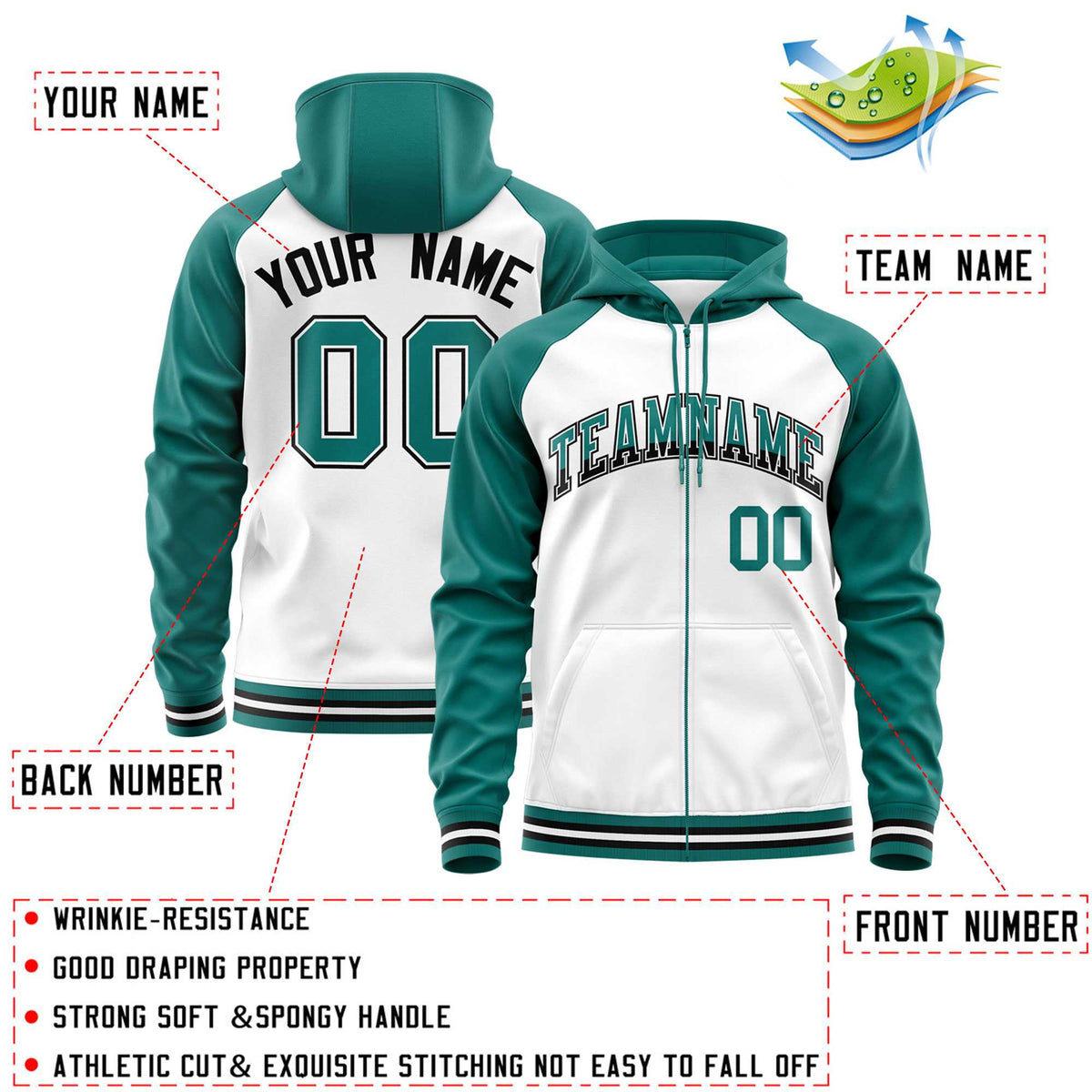 Custom Stitched White Aqua Raglan Sleeves Sports Full-Zip Sweatshirt Hoodie| KXKSHOP