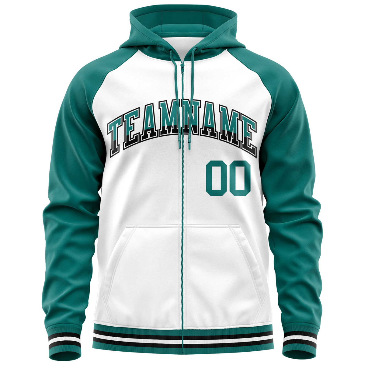 Custom Stitched White Aqua Raglan Sleeves Sports Full-Zip Sweatshirt Hoodie| KXKSHOP